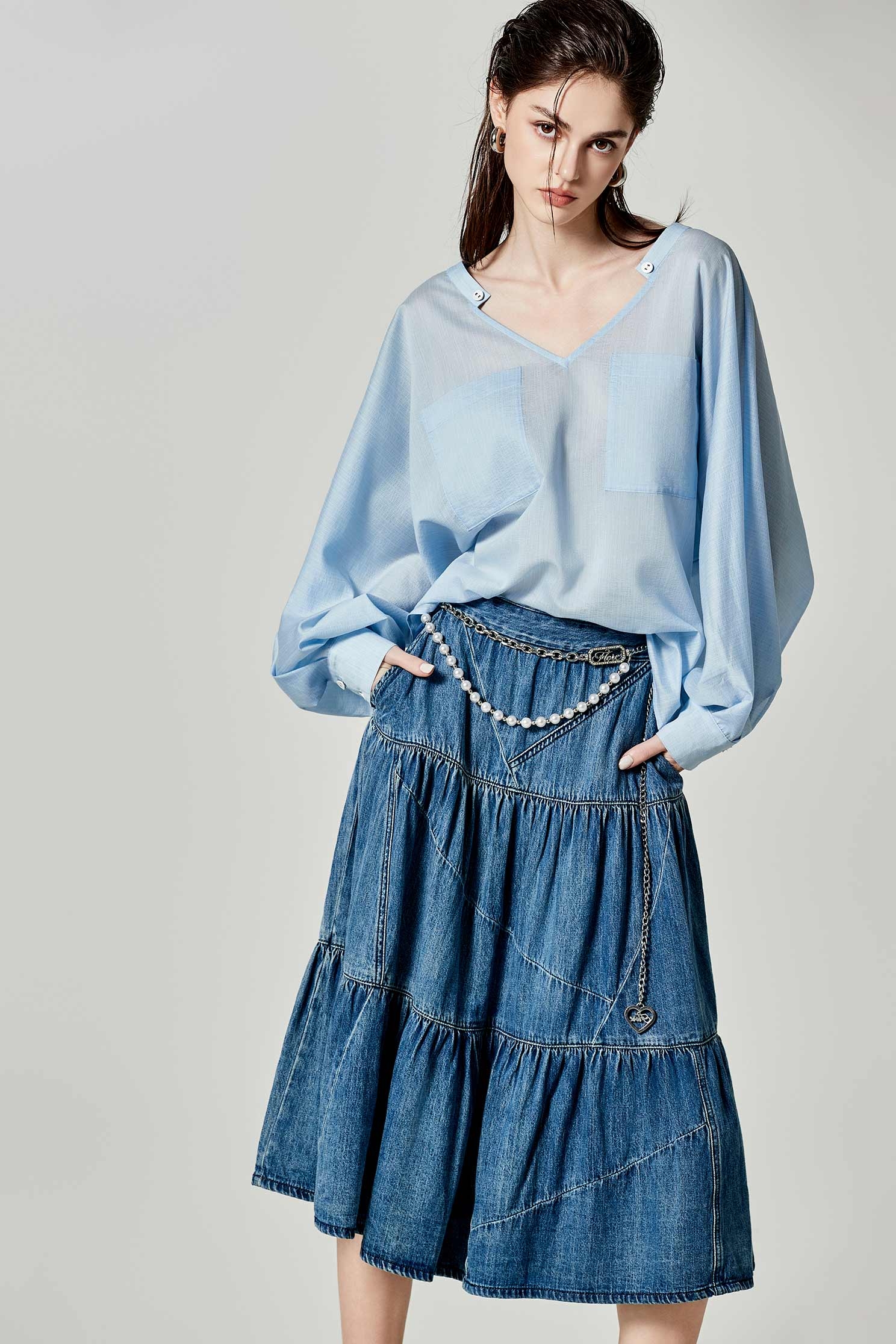 Denim Midi Tiered SkirtDenim Midi Tiered Skirt,Denim,Denim skirts,Season (AW) Look,Cotton