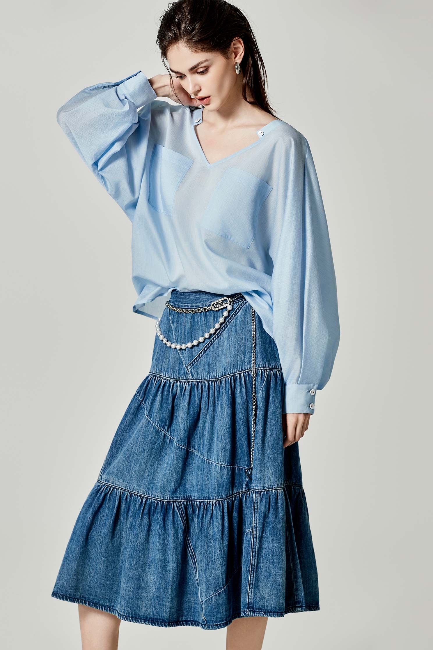 Denim Midi Tiered SkirtDenim Midi Tiered Skirt,Denim,Denim skirts,Season (AW) Look,Cotton