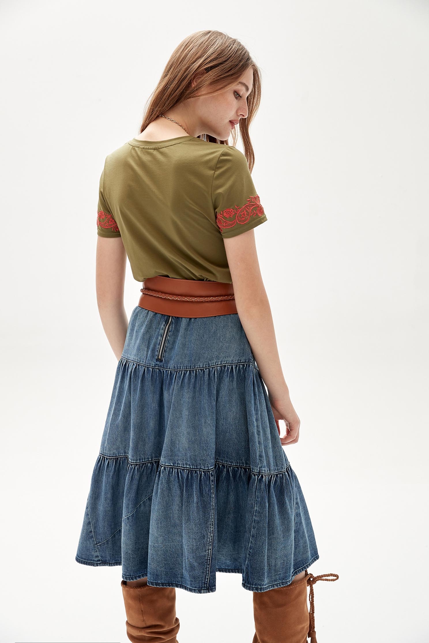 Denim Midi Tiered SkirtDenim Midi Tiered Skirt,Denim,Denim skirts,Season (AW) Look,Cotton