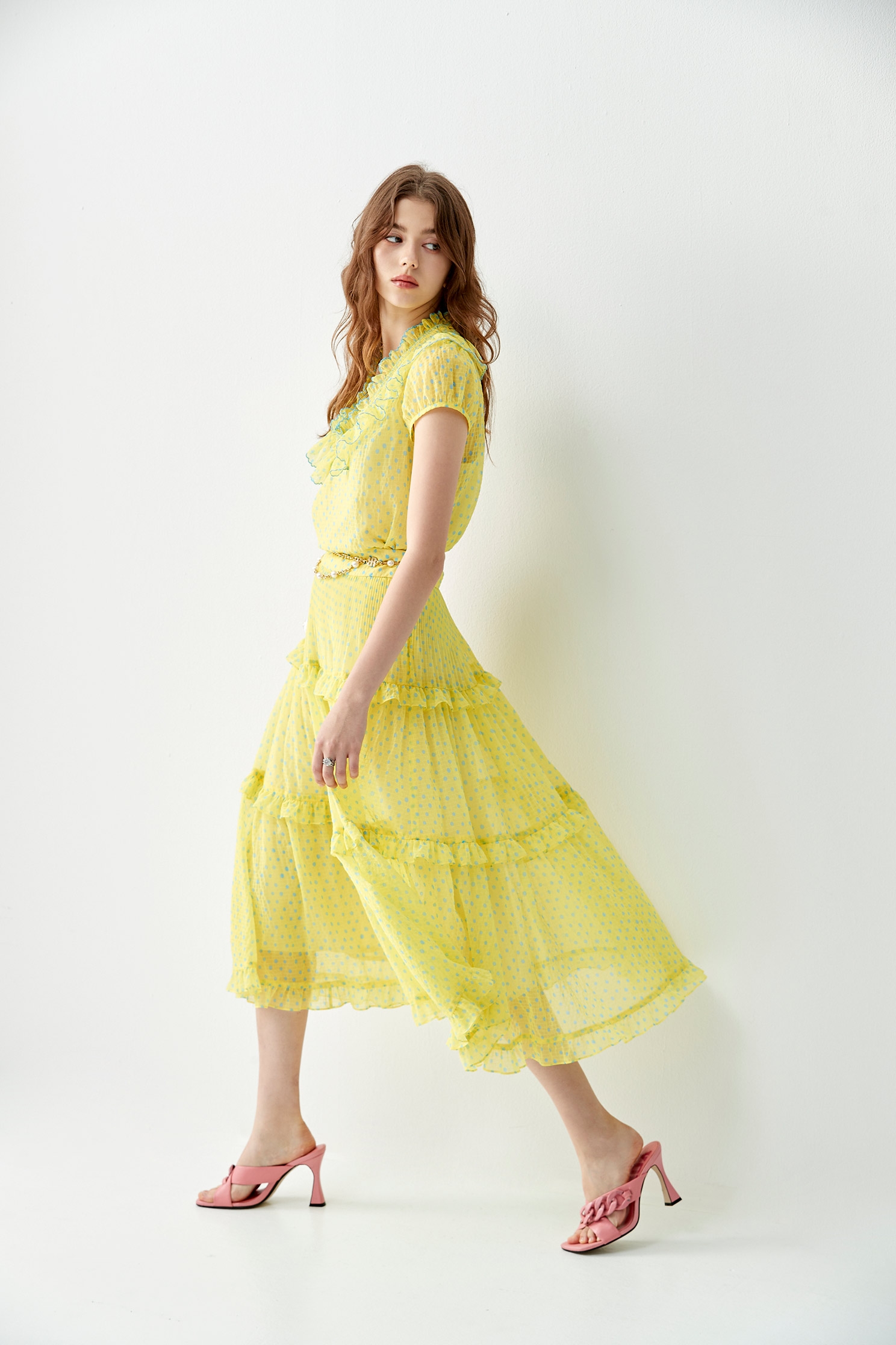 Blue Dotted Print Ruffle Tiered SkirtFlowy long dress with light blue dot,Season (SS) Look,Plaid,Layered skirts,Midi skirts,Chiffon