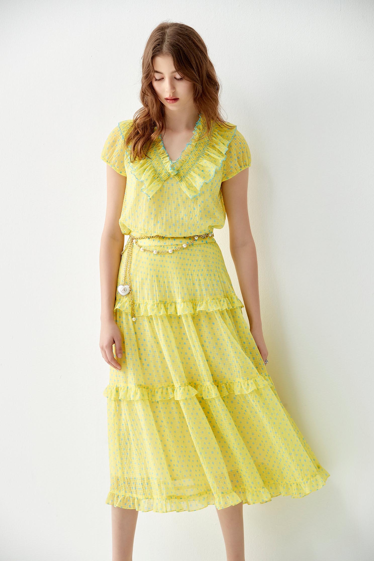 Blue Dotted Print Ruffle Tiered SkirtFlowy long dress with light blue dot,Season (SS) Look,Plaid,Layered skirts,Midi skirts,Chiffon