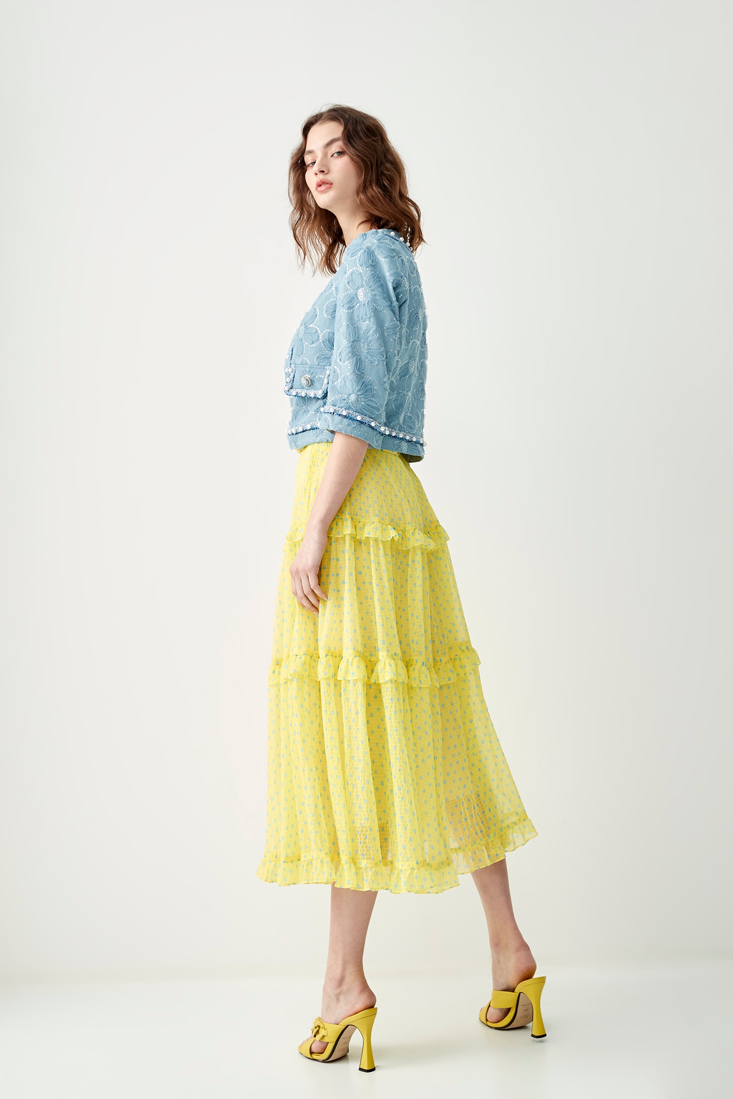 Blue Dotted Print Ruffle Tiered SkirtFlowy long dress with light blue dot,Season (SS) Look,Plaid,Layered skirts,Midi skirts,Chiffon