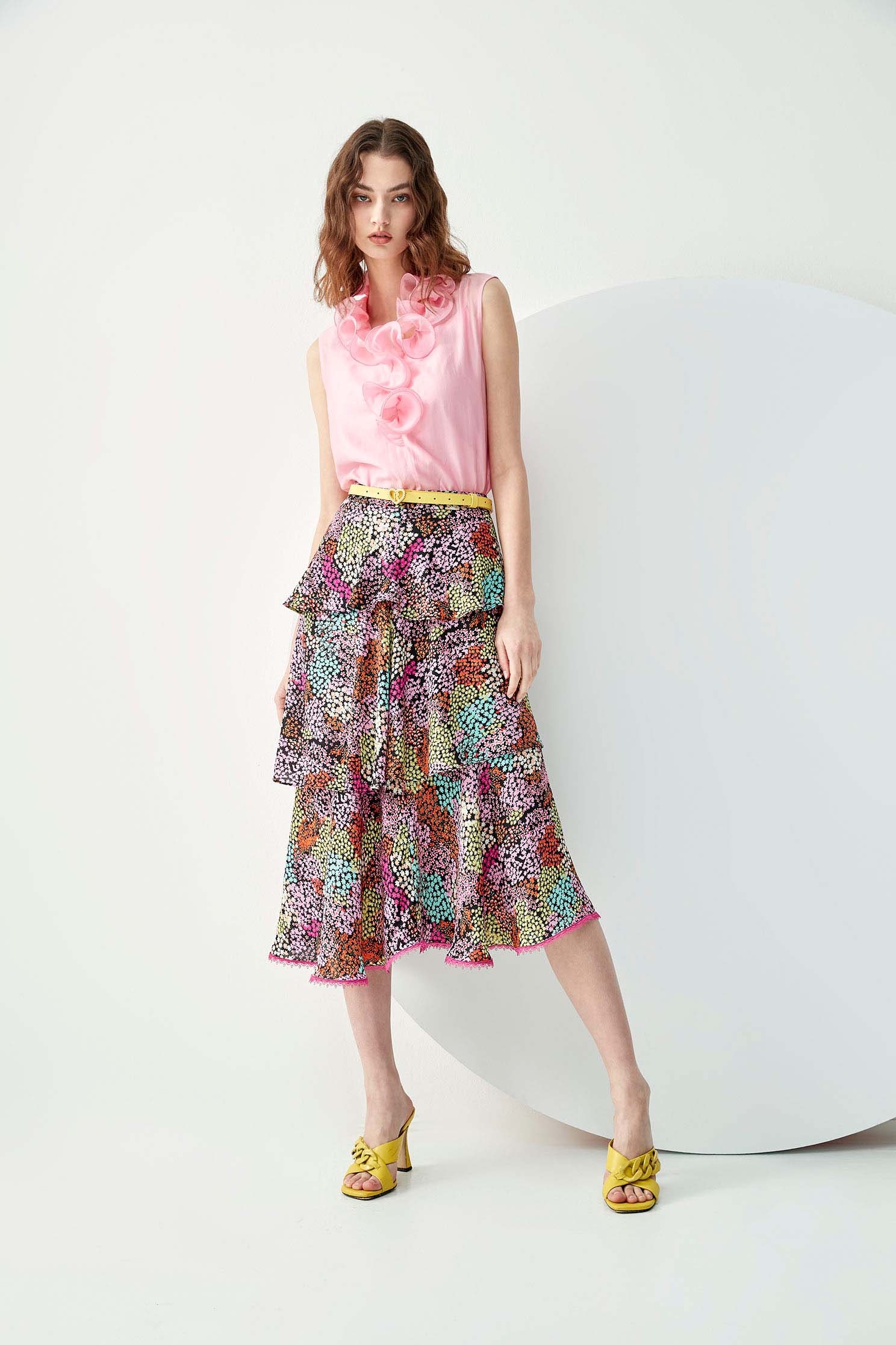 Multicolour Print Layer SkirtMulticolour Print Layer Skirt,Season (SS) Look,Layered skirts,Lace,Midi skirts,Chiffon