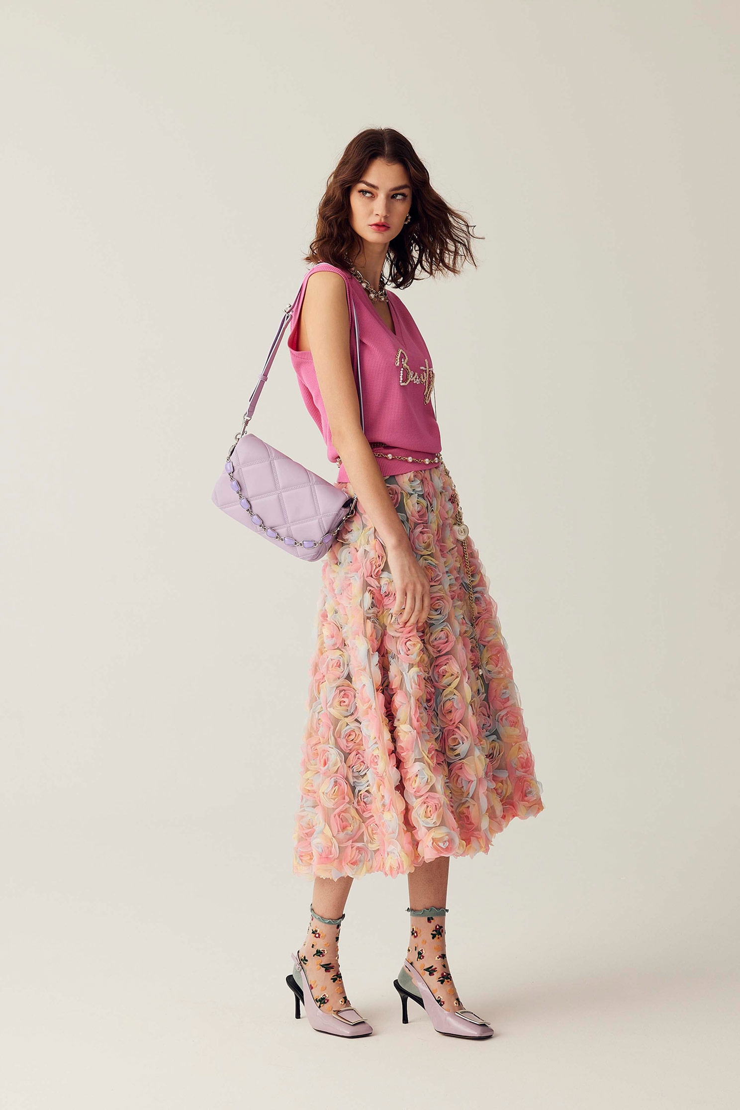 Colourful 3-D Rose Midi SkirtColourful 3-D Rose Midi Skirt,Season (SS) Look,Mesh fabric,Tutu skirts,Midi skirts