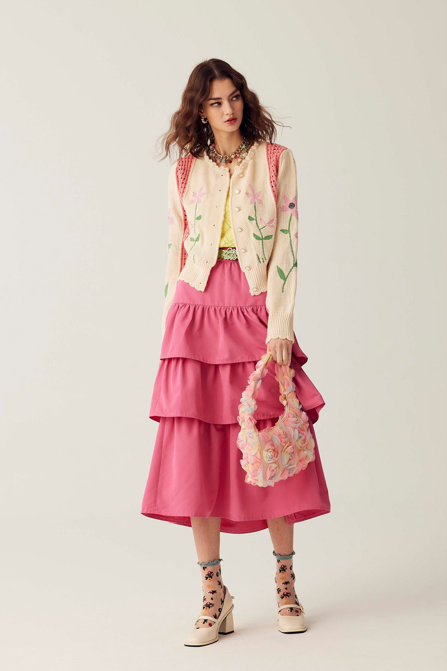 Pink Tiered Midi SkirtPink Tiered Midi Skirt,Season (SS) Look,Layered skirts,Midi skirts