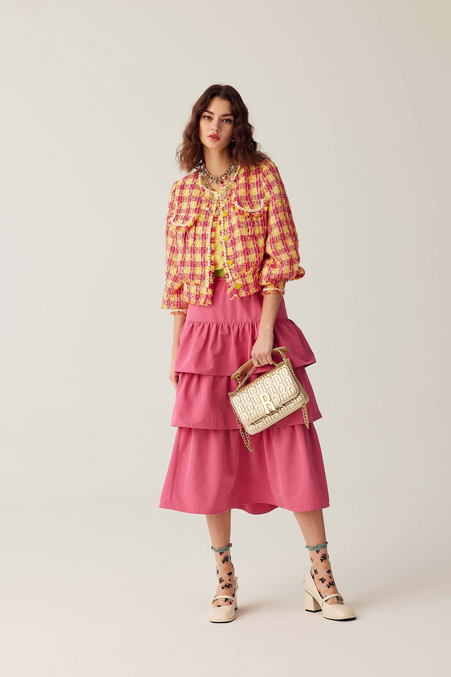 Pink Tiered Midi SkirtPink Tiered Midi Skirt,Season (SS) Look,Layered skirts,Midi skirts