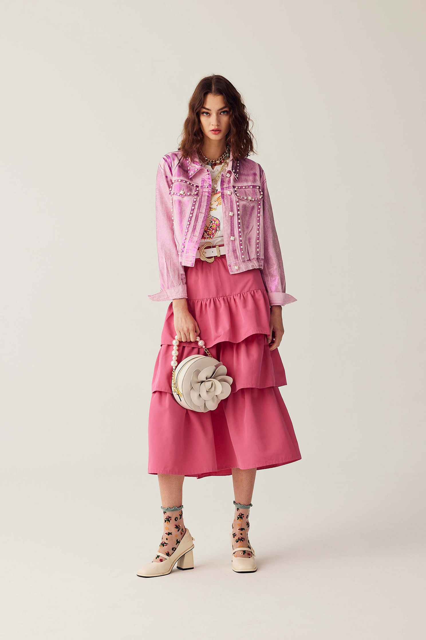 Pink Tiered Midi SkirtPink Tiered Midi Skirt,Season (SS) Look,Layered skirts,Midi skirts