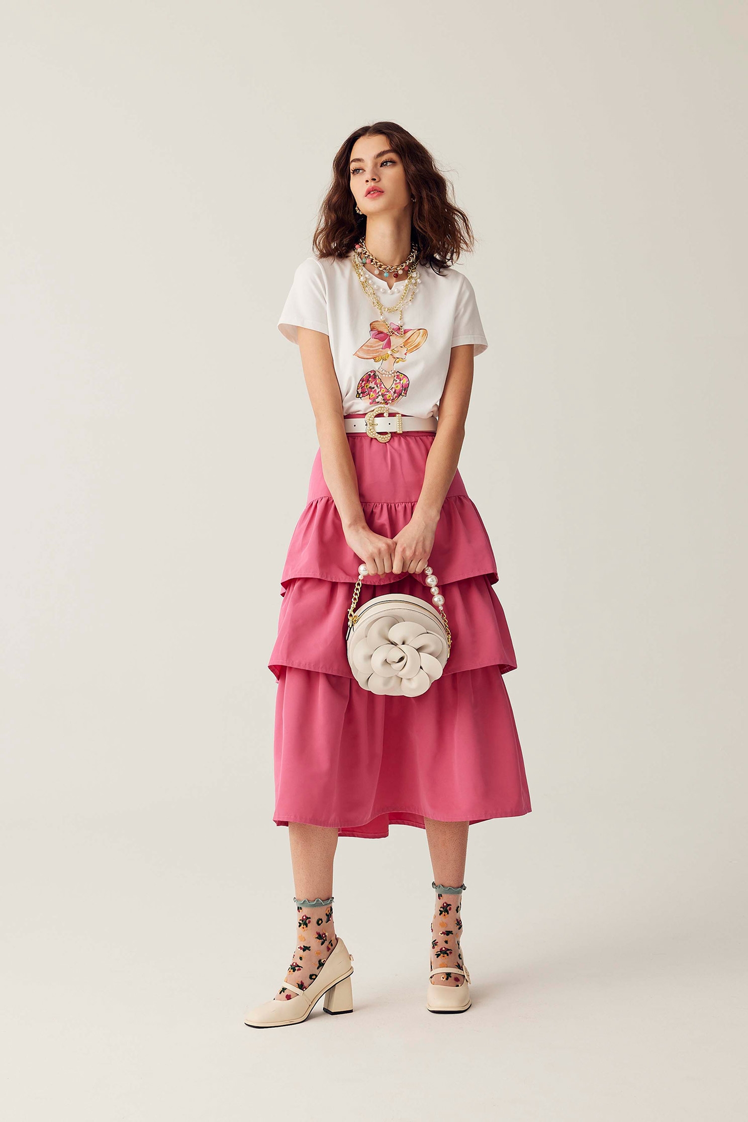 Pink Tiered Midi SkirtPink Tiered Midi Skirt,Season (SS) Look,Layered skirts,Midi skirts