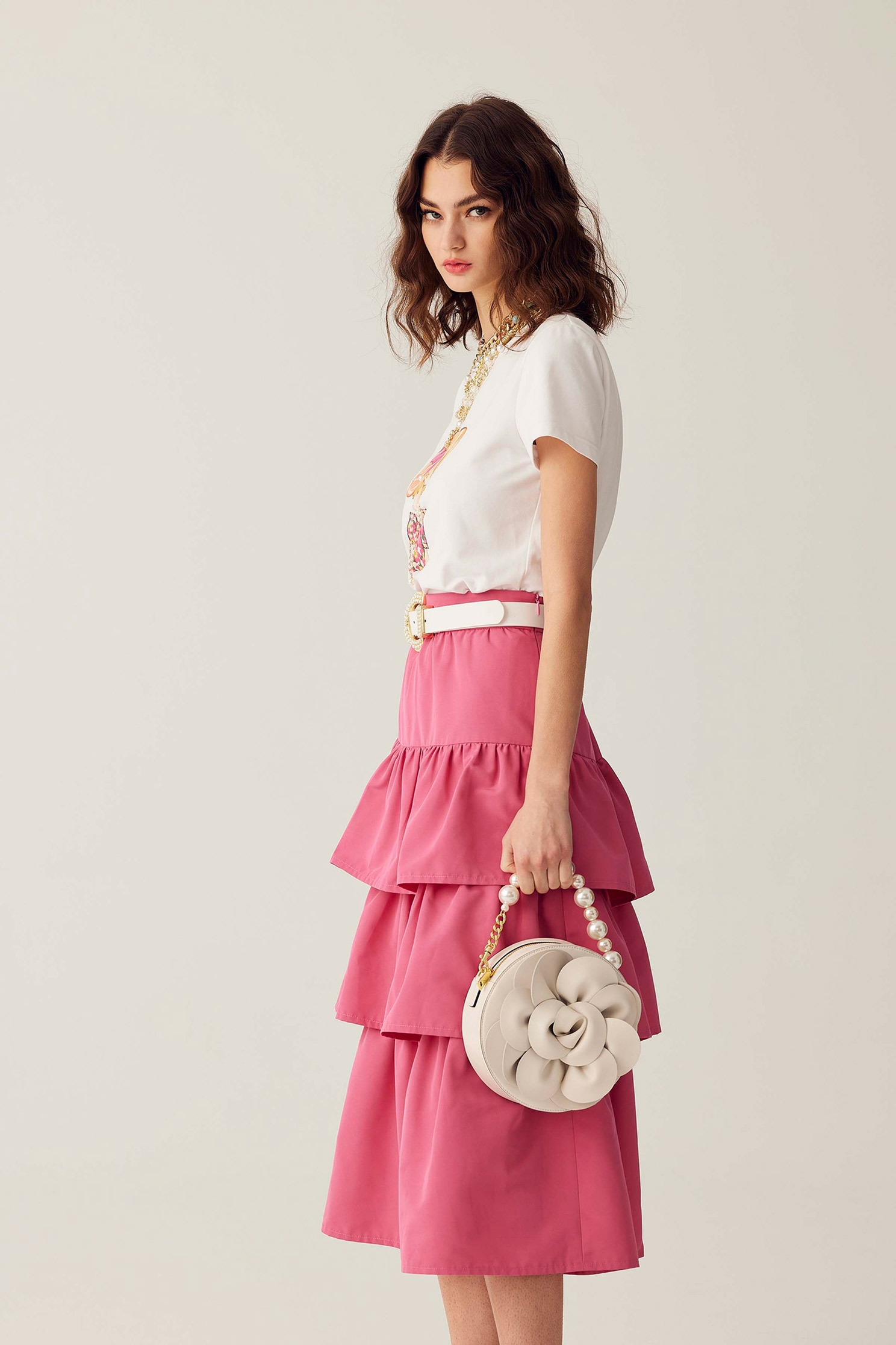 Pink Tiered Midi SkirtPink Tiered Midi Skirt,Season (SS) Look,Layered skirts,Midi skirts