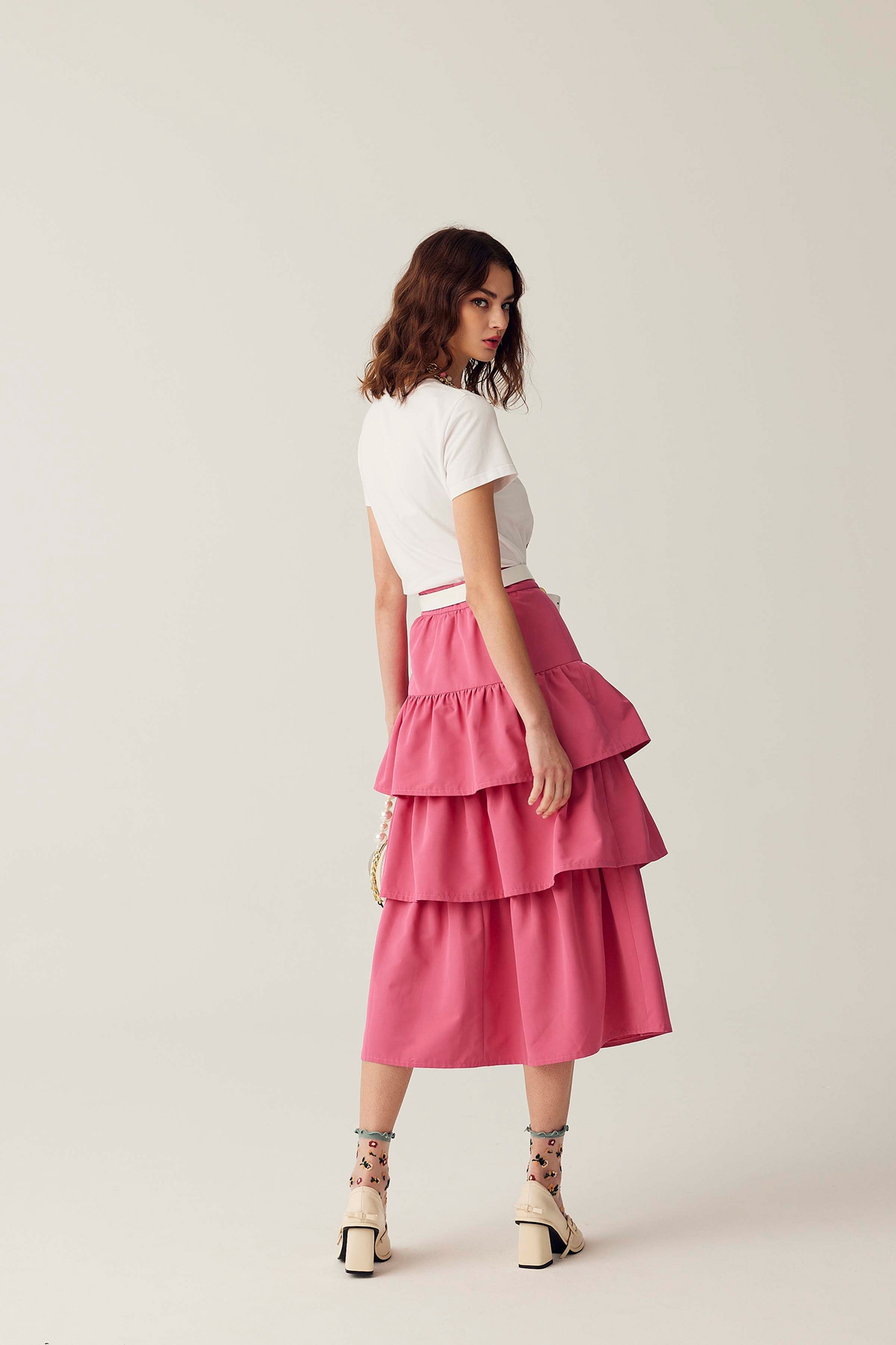 Pink Tiered Midi SkirtPink Tiered Midi Skirt,Season (SS) Look,Layered skirts,Midi skirts