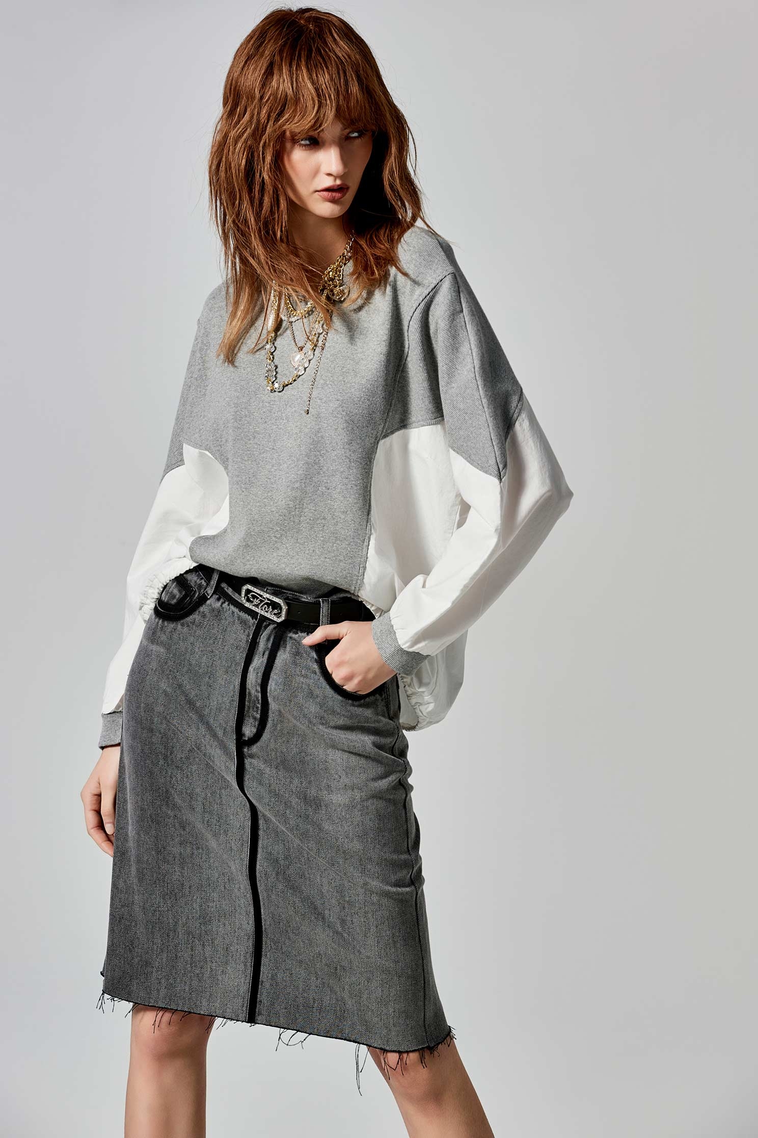 Contrast Trim Grey Denim SkirtContrast Trim Grey Denim Skirt,Season (SS) Look,Denim,Denim skirts