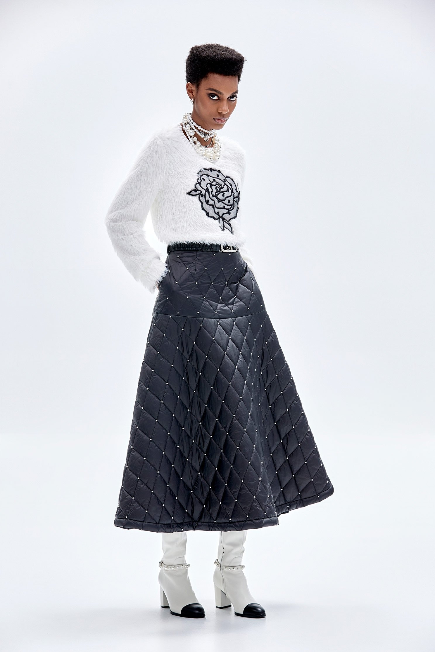 A-line Pearl Detail Quilted Maxi SkirtA-line Pearl Detail Quilted Maxi Skirt,pearl,Season (AW) Look,Midi skirts