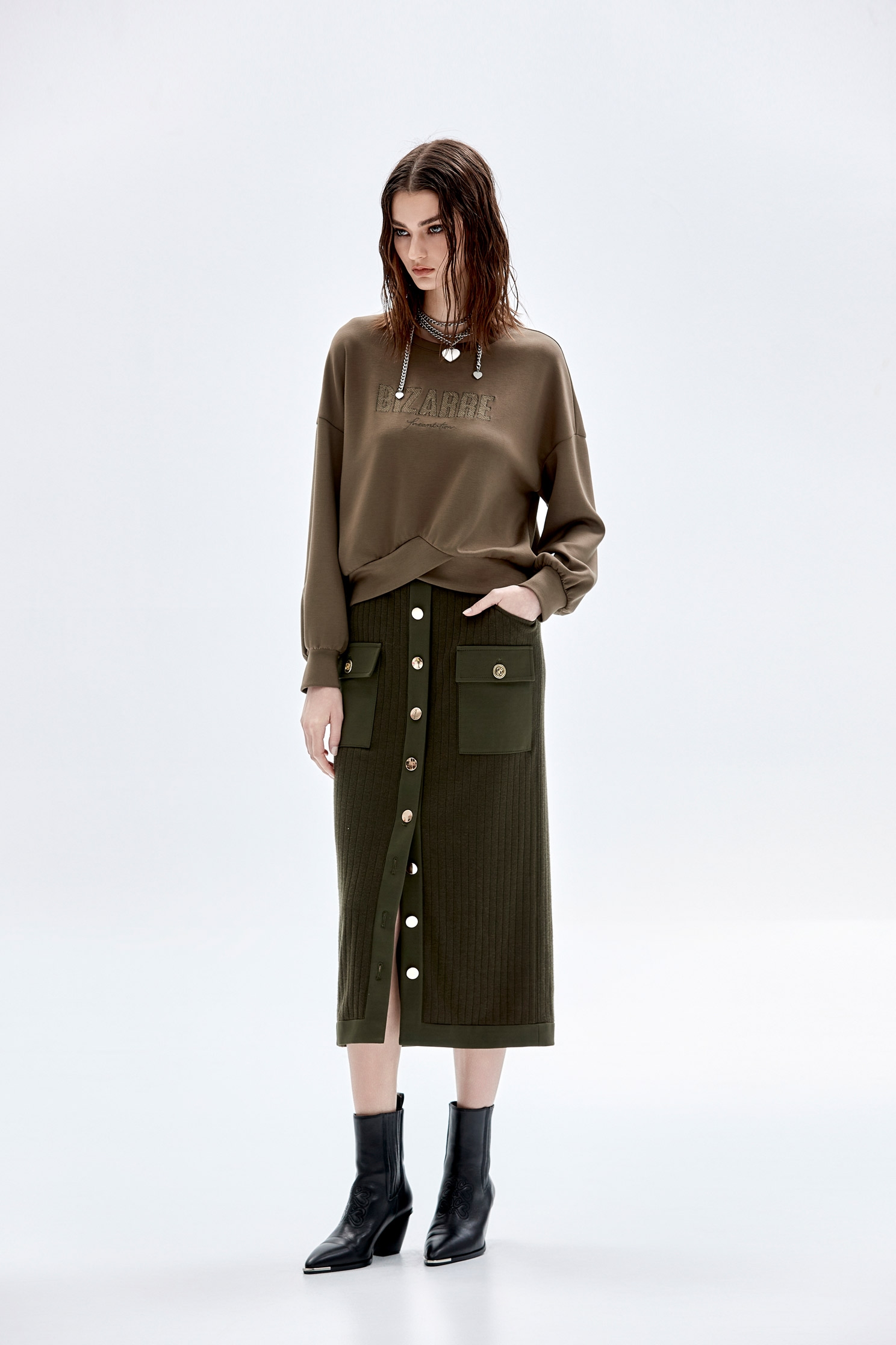 Moss Green Maxi Fitted SkirtMoss Green Maxi Fitted Skirt,Stripe,Season (AW) Look,Knitted,Midi skirts