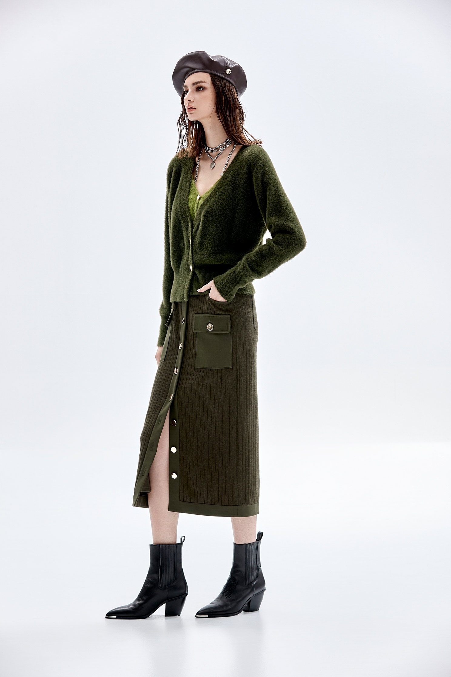 Moss Green Maxi Fitted SkirtMoss Green Maxi Fitted Skirt,Stripe,Season (AW) Look,Knitted,Midi skirts