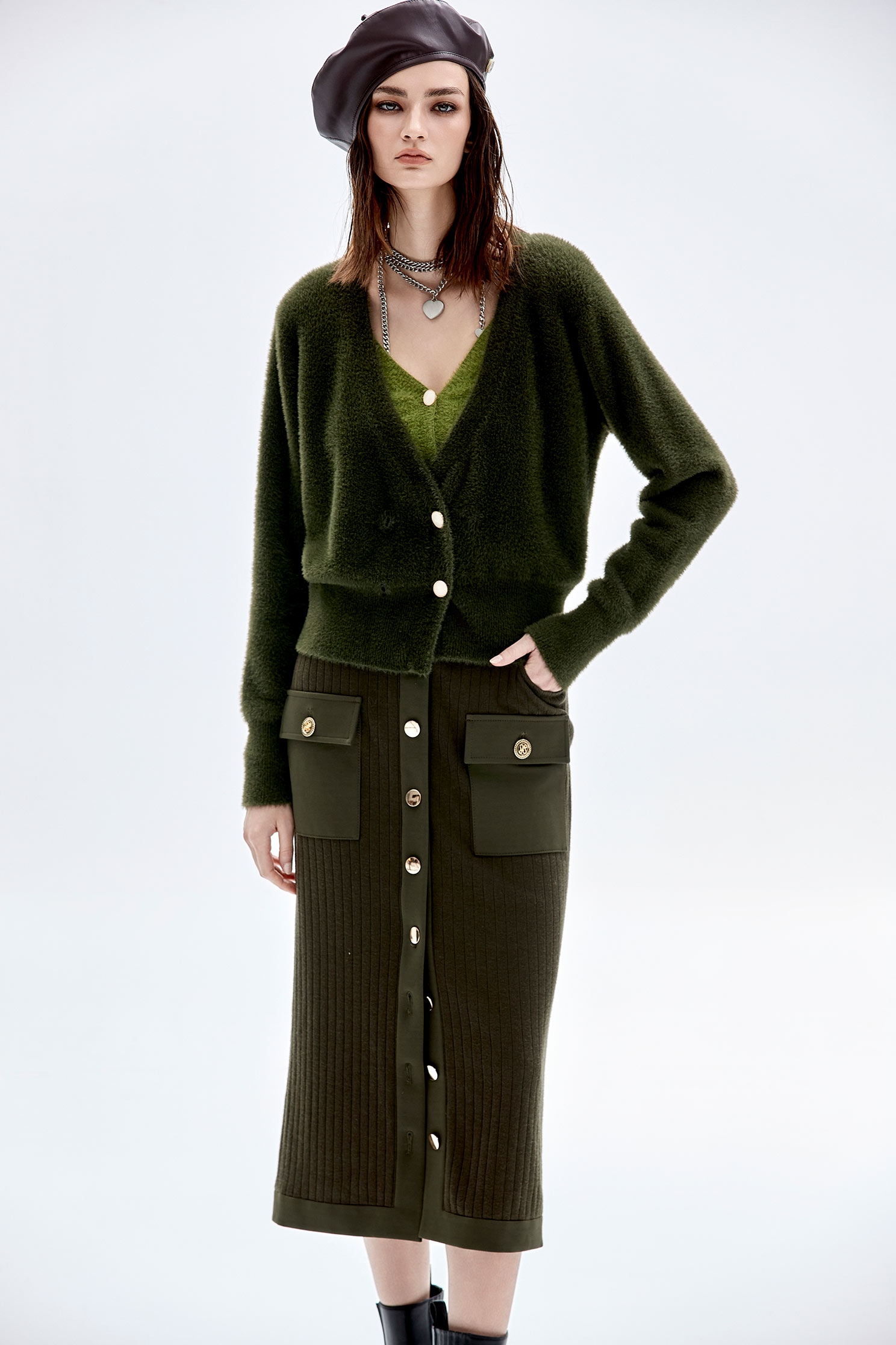 Moss Green Maxi Fitted SkirtMoss Green Maxi Fitted Skirt,Stripe,Season (AW) Look,Knitted,Midi skirts