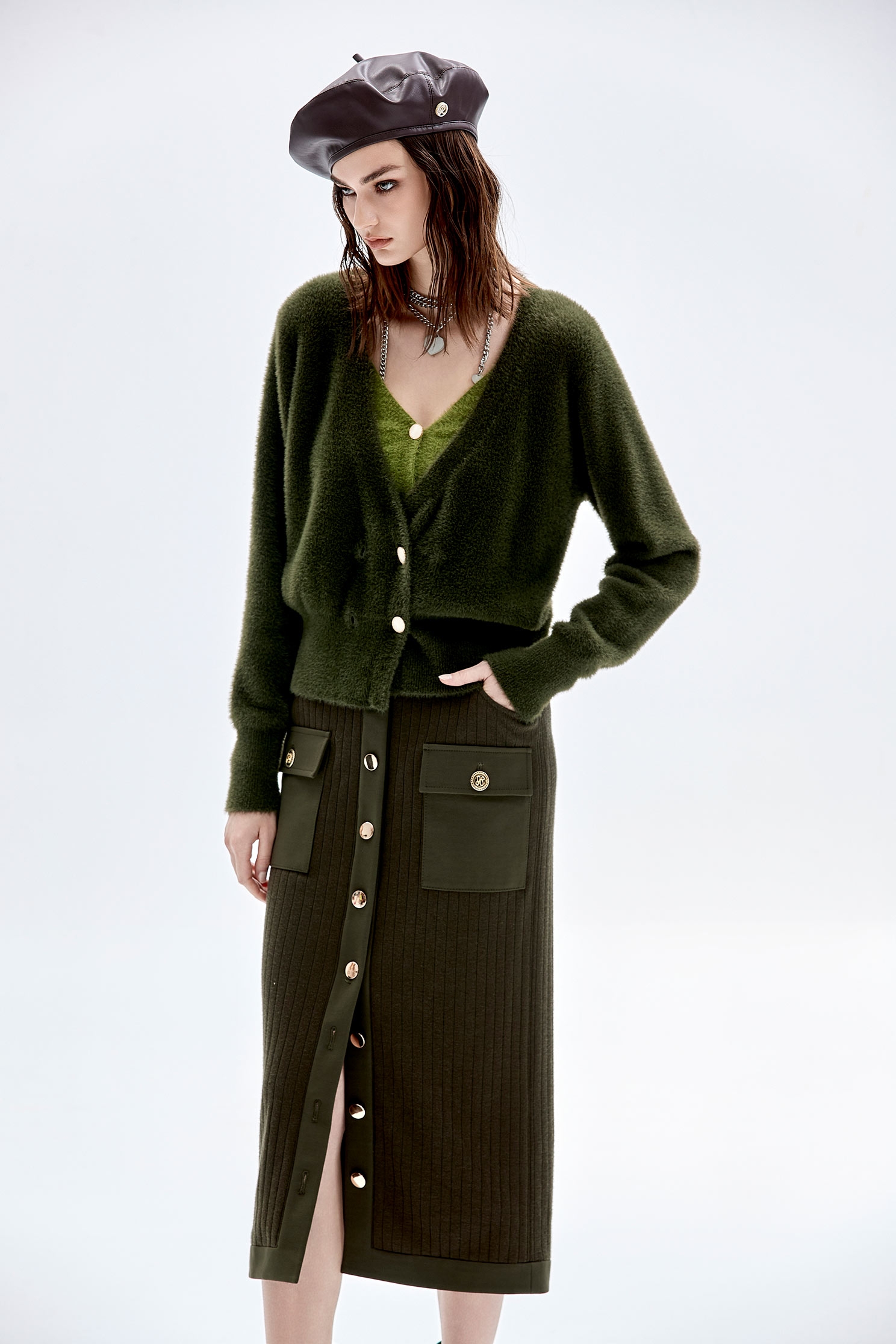 Moss Green Maxi Fitted SkirtMoss Green Maxi Fitted Skirt,Stripe,Season (AW) Look,Knitted,Midi skirts