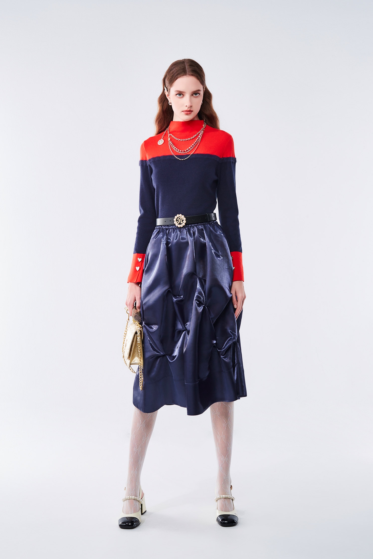 Irregular Folds Navy SkirtIrregular Folds Navy Skirt,Season (AW) Look,Midi skirts