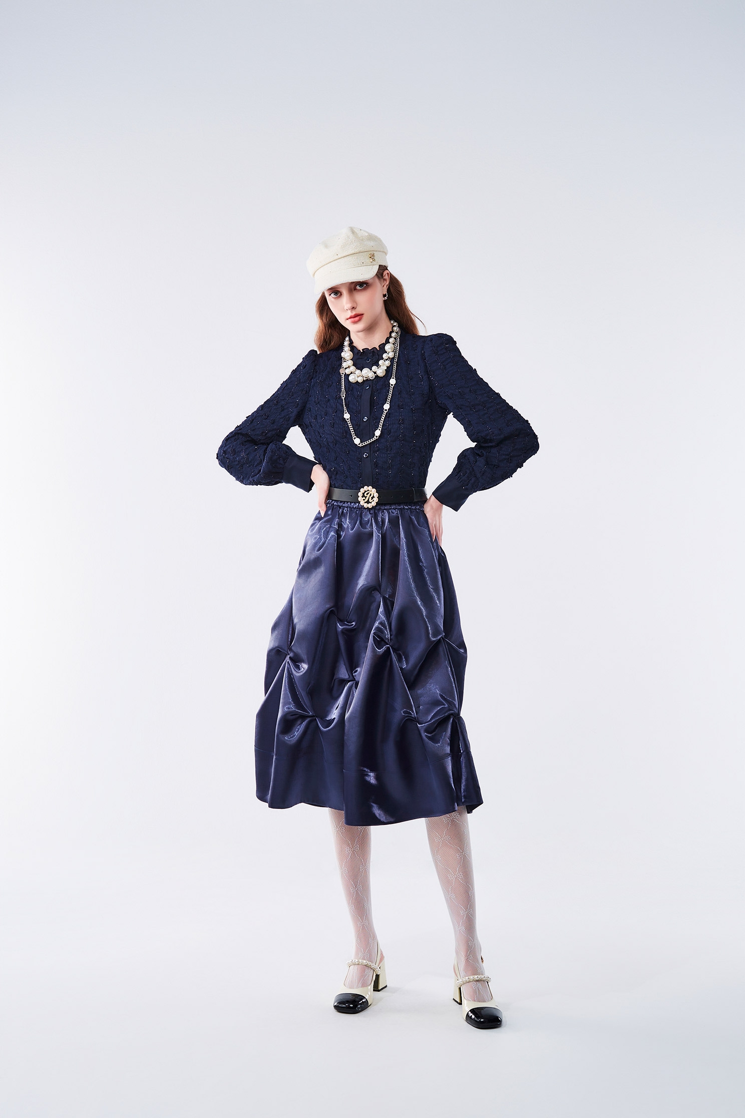 Irregular Folds Navy SkirtIrregular Folds Navy Skirt,Season (AW) Look,Midi skirts