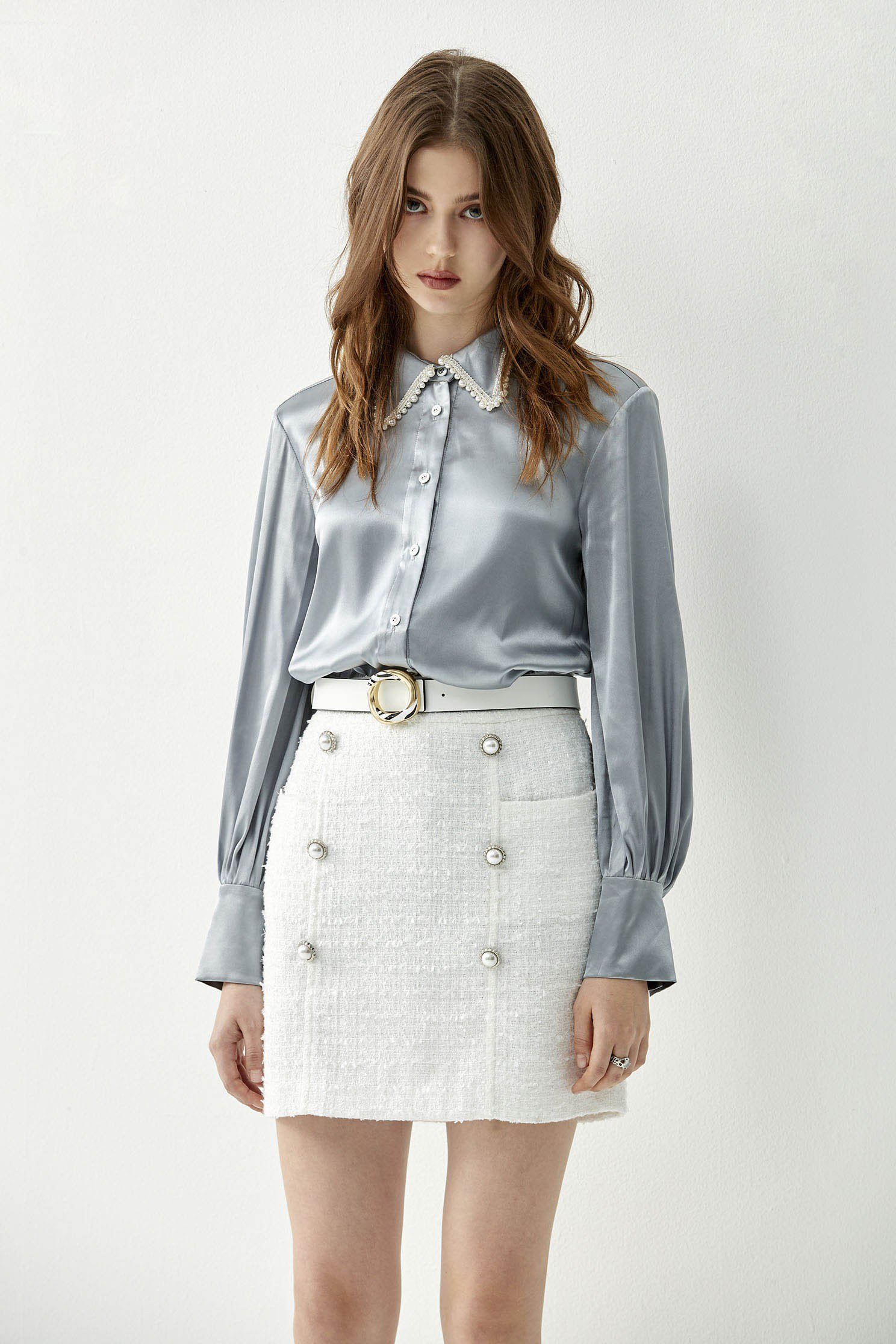 High Waist Fitted Tweed SkirtFaux pearls button-up skirt,Queen,pearl,White skirts,Mini skirts,Season (AW) Look,upperclass