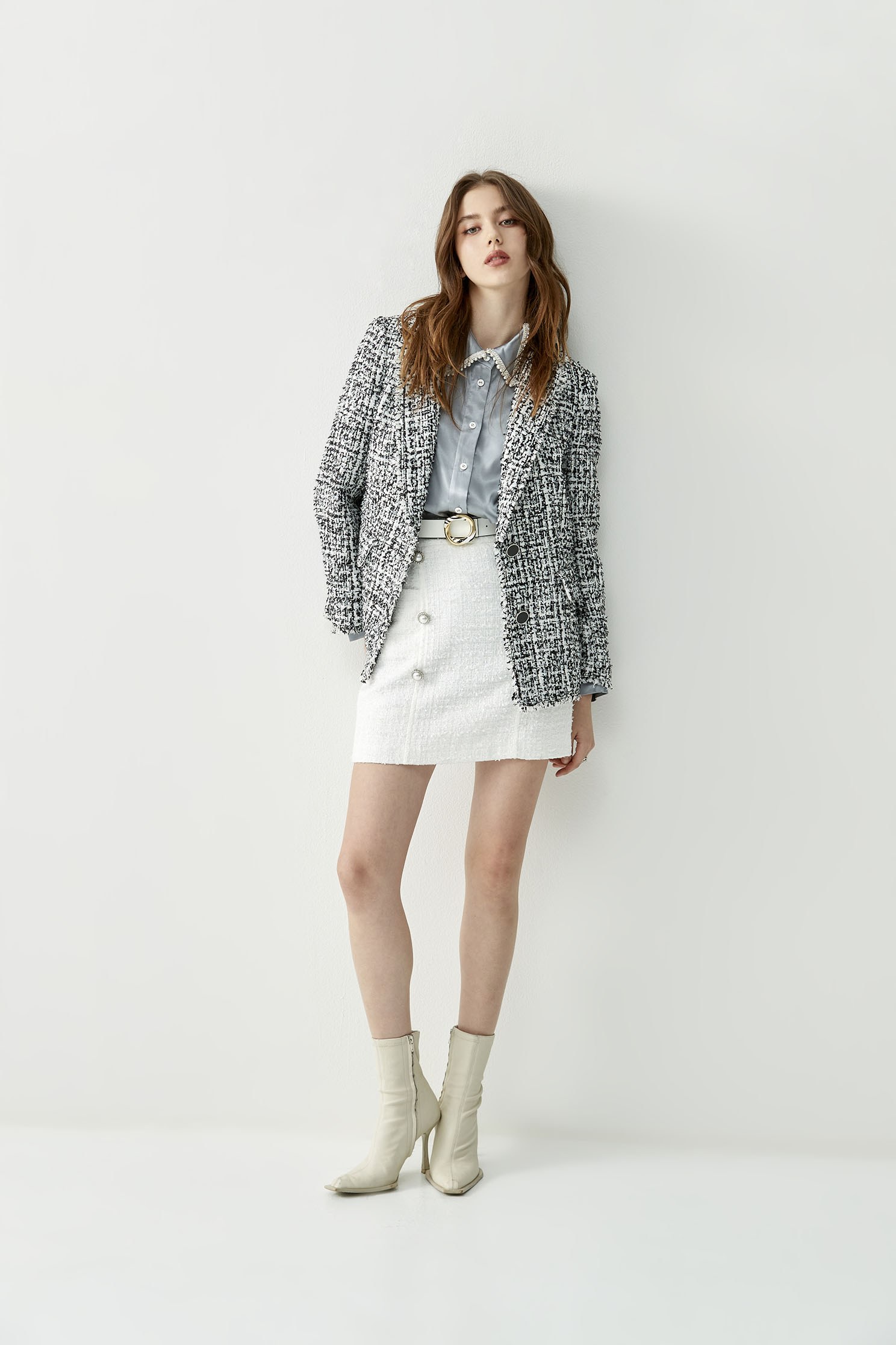 High Waist Fitted Tweed SkirtFaux pearls button-up skirt,Queen,pearl,White skirts,Mini skirts,Season (AW) Look,upperclass