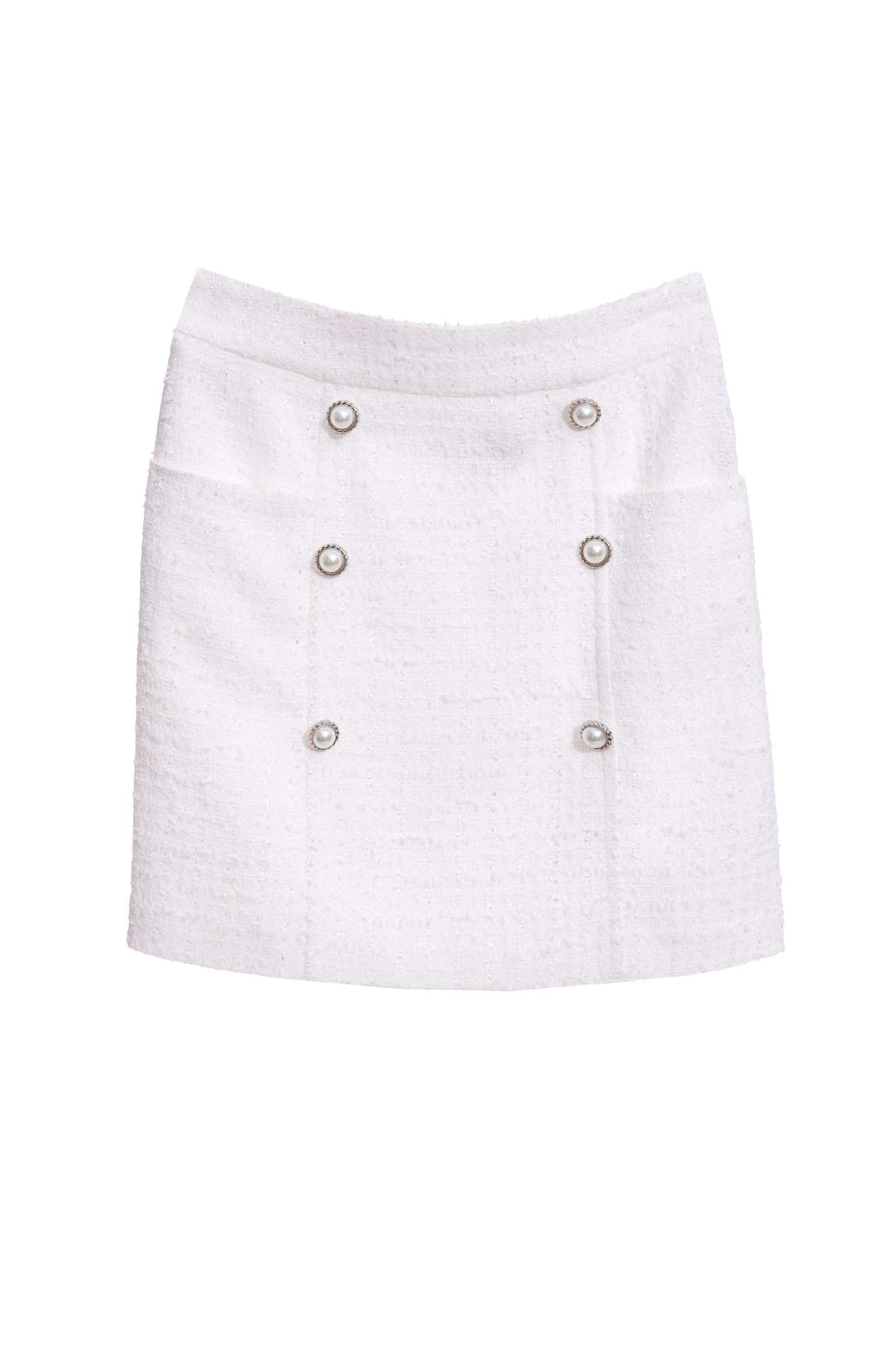 High Waist Fitted Tweed SkirtFaux pearls button-up skirt,Queen,pearl,White skirts,Mini skirts,Season (AW) Look,upperclass