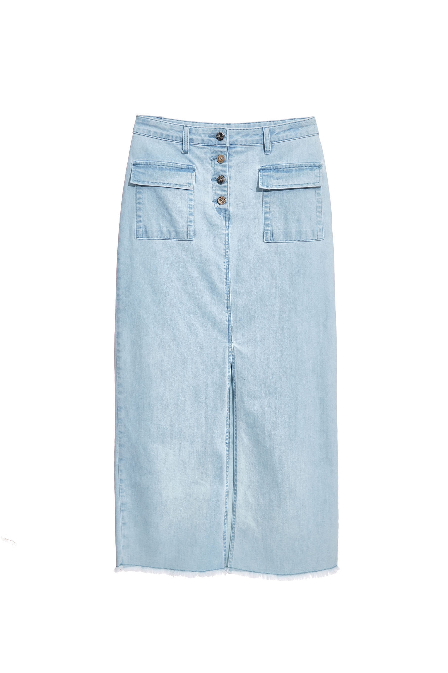 Front Slit Button Front Denim SkirtWhitewash denim long skirt,travelwear,Season (SS) Look,Denim,Denim skirts,Midi skirts