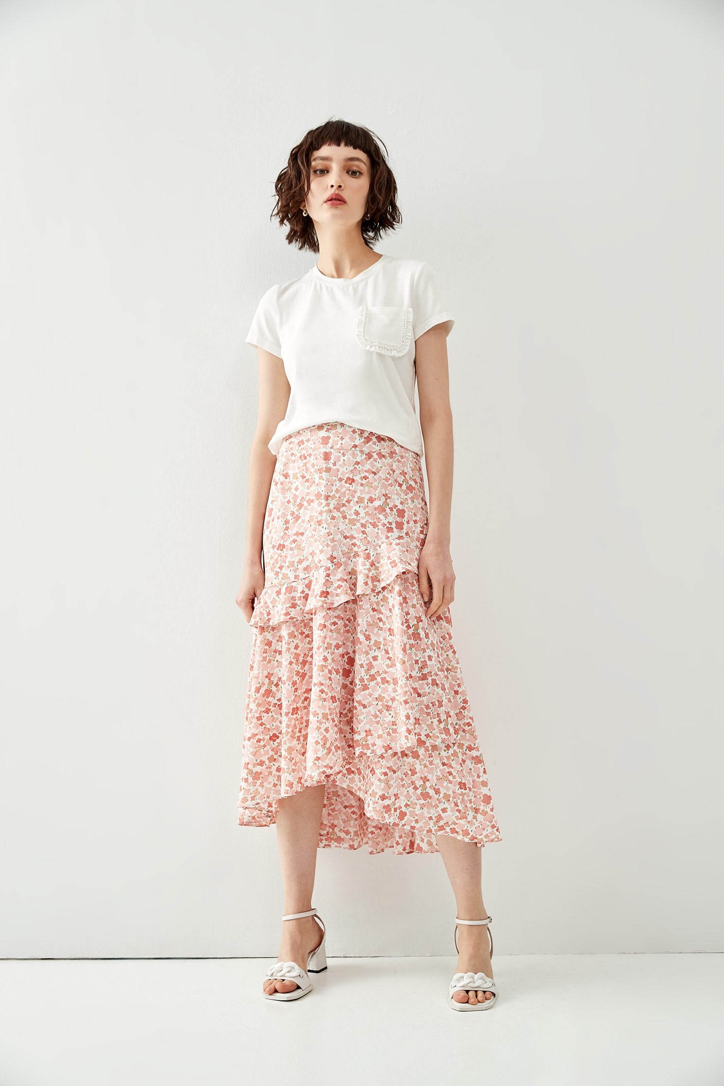 Pink Floral Print Asymmetric SkirtSkirt with dyed print,Season (SS) Look,Layered skirts,Midi skirts