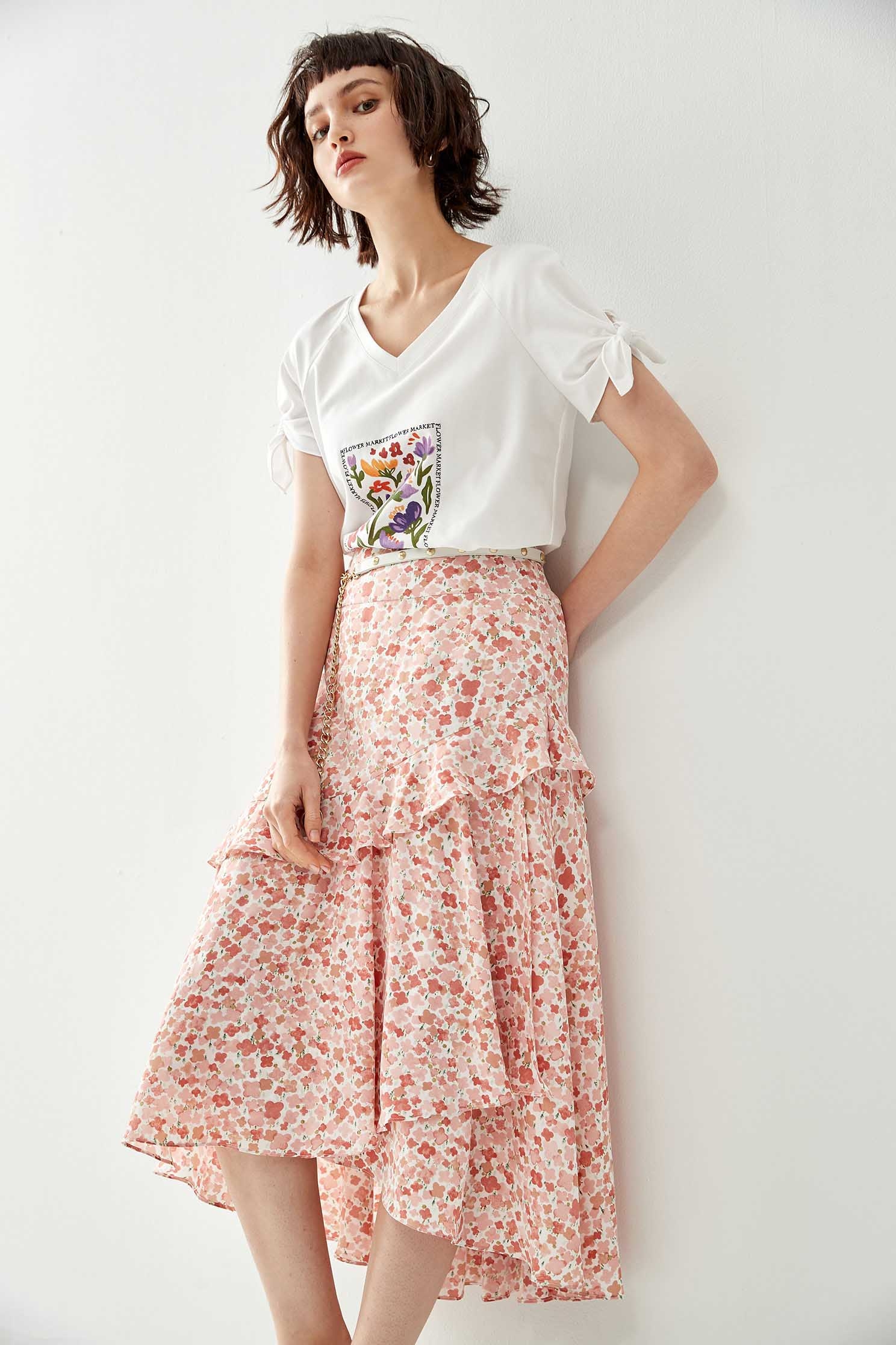 Pink Floral Print Asymmetric SkirtSkirt with dyed print,Season (SS) Look,Layered skirts,Midi skirts