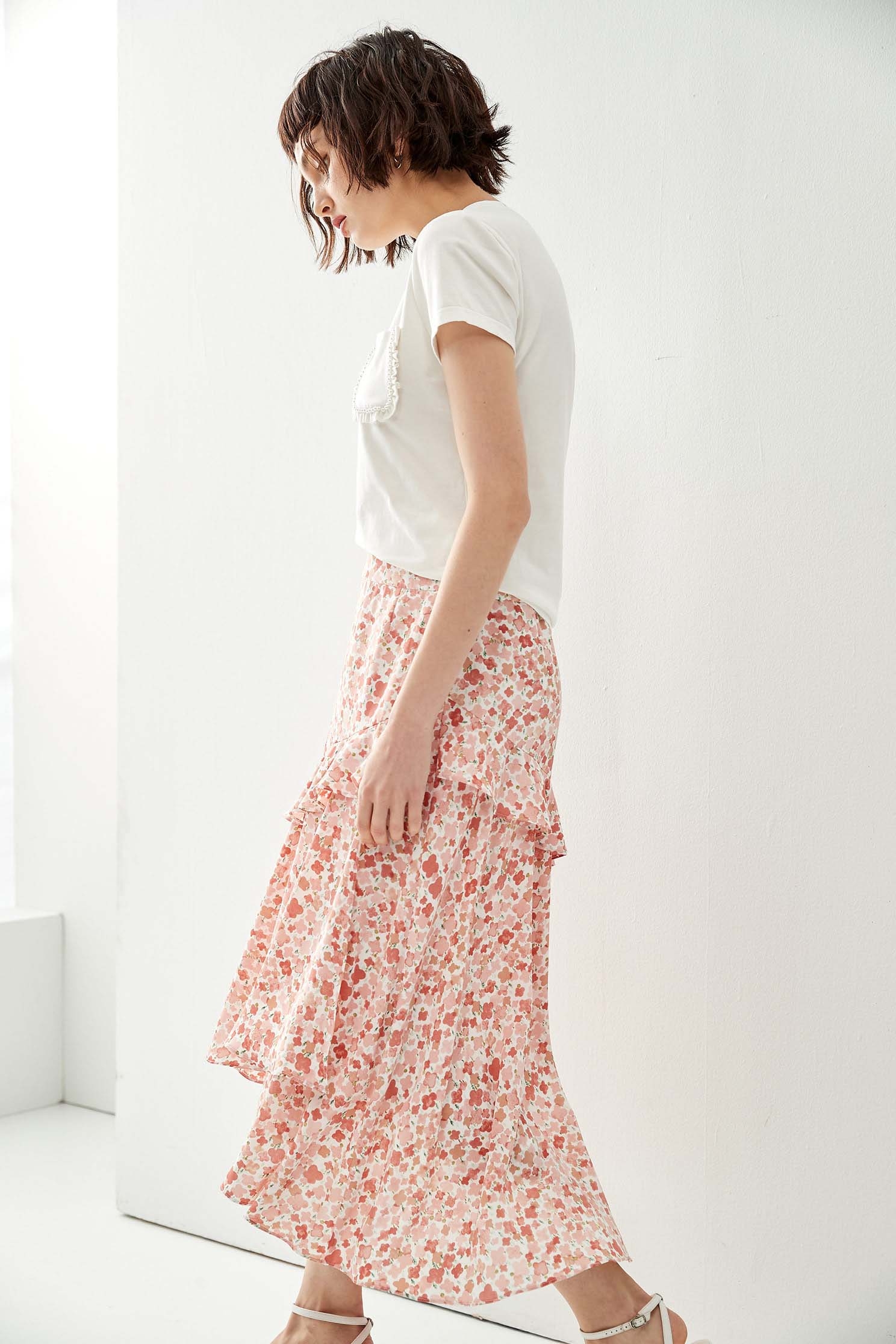 Pink Floral Print Asymmetric SkirtSkirt with dyed print,Season (SS) Look,Layered skirts,Midi skirts