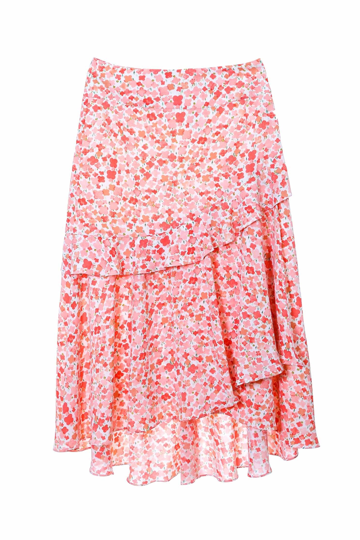 Pink Floral Print Asymmetric SkirtSkirt with dyed print,Season (SS) Look,Layered skirts,Midi skirts