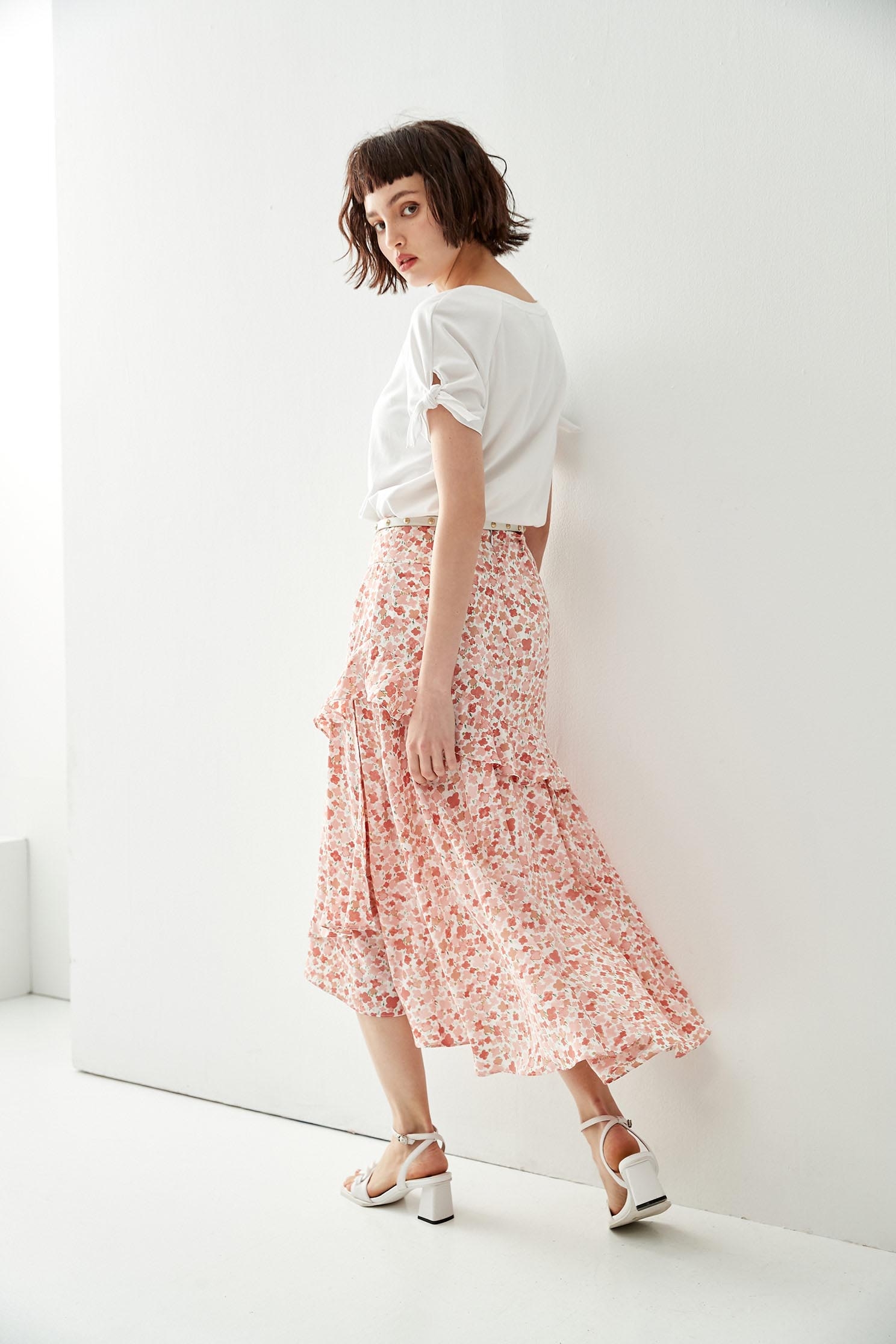 Pink Floral Print Asymmetric SkirtSkirt with dyed print,Season (SS) Look,Layered skirts,Midi skirts