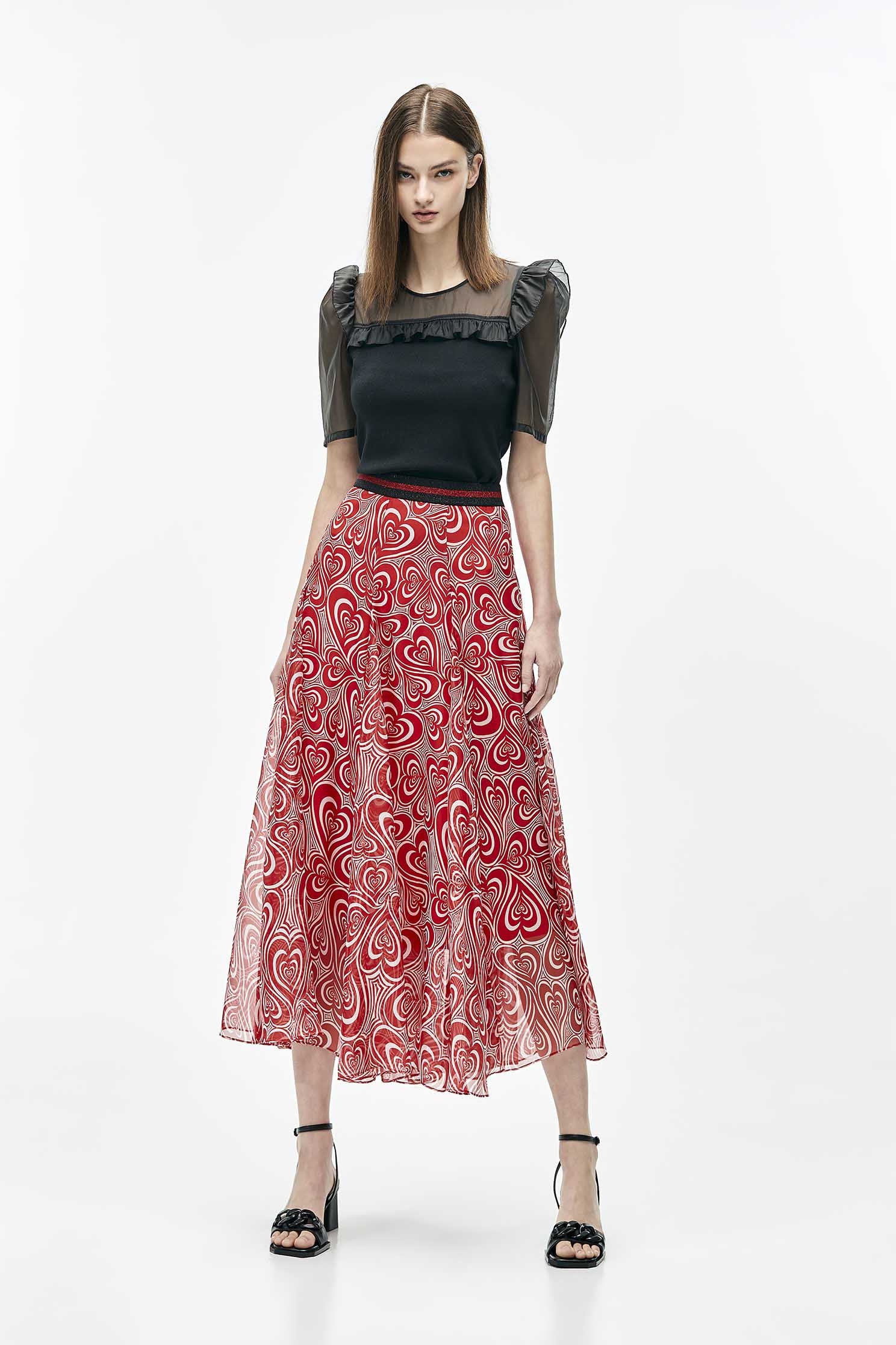 Printed Red Heart Godet SkirtChiffon maxi dress with heart shock wave print,Season (SS) Look,Midi skirts,Chiffon