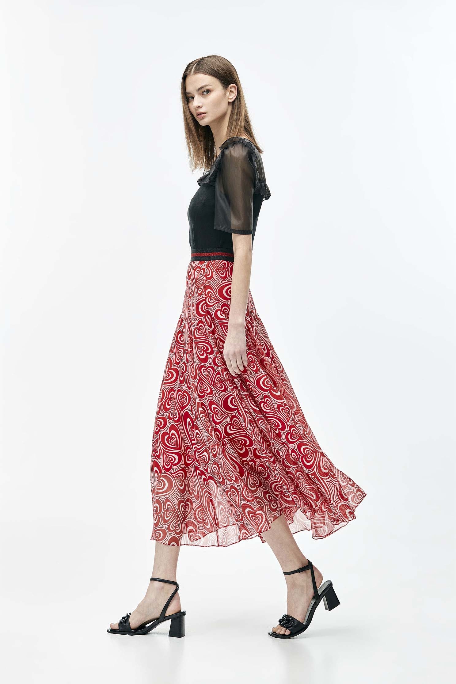 Printed Red Heart Godet SkirtChiffon maxi dress with heart shock wave print,Season (SS) Look,Midi skirts,Chiffon