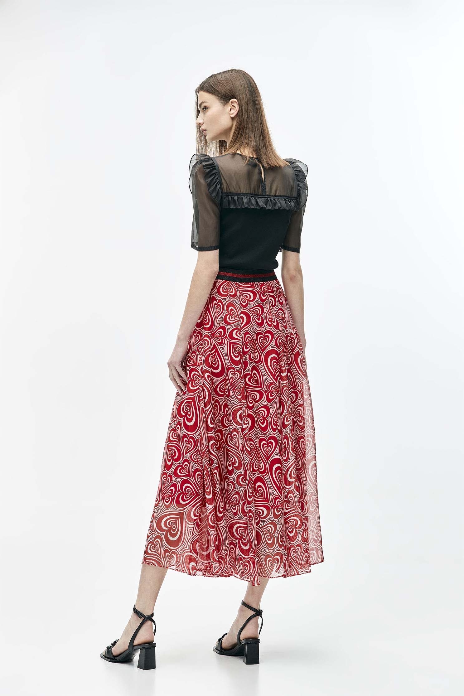 Printed Red Heart Godet SkirtChiffon maxi dress with heart shock wave print,Season (SS) Look,Midi skirts,Chiffon