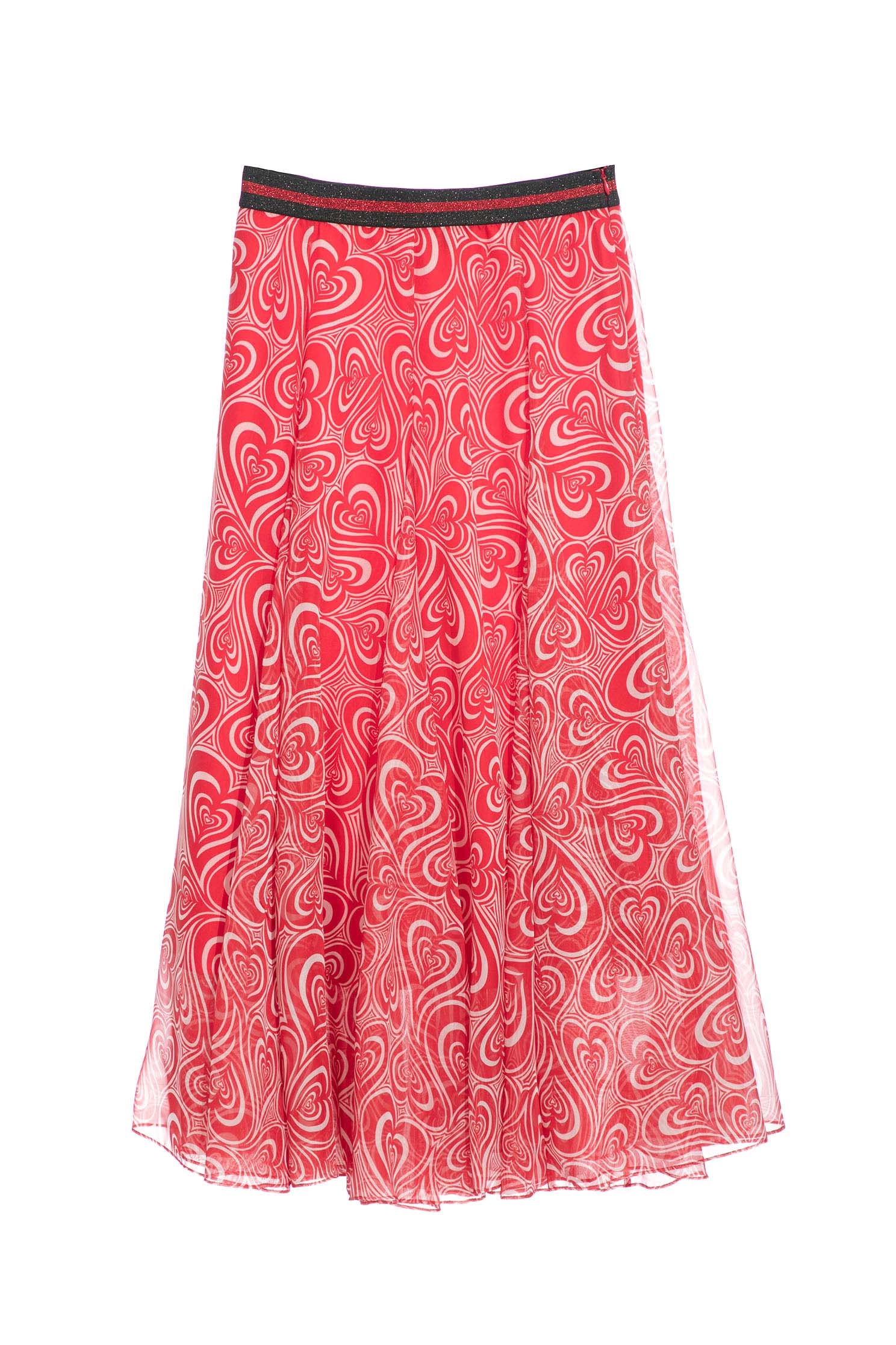 Printed Red Heart Godet SkirtChiffon maxi dress with heart shock wave print,Season (SS) Look,Midi skirts,Chiffon