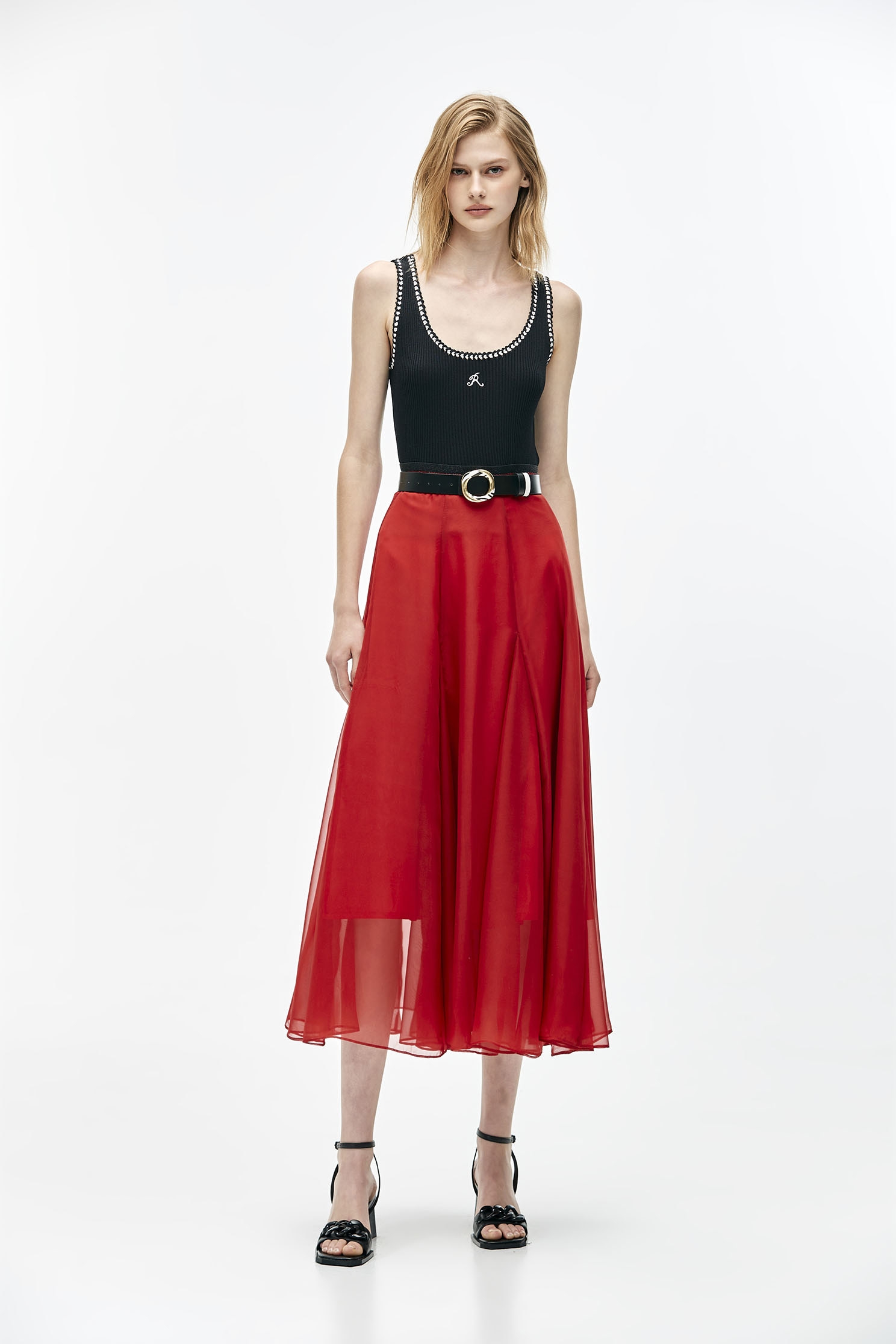 Red Chiffon Godet SkirtFlaming red chiffon long dress,Season (SS) Look,Midi skirts,Chiffon,Chiffon Midi skirts