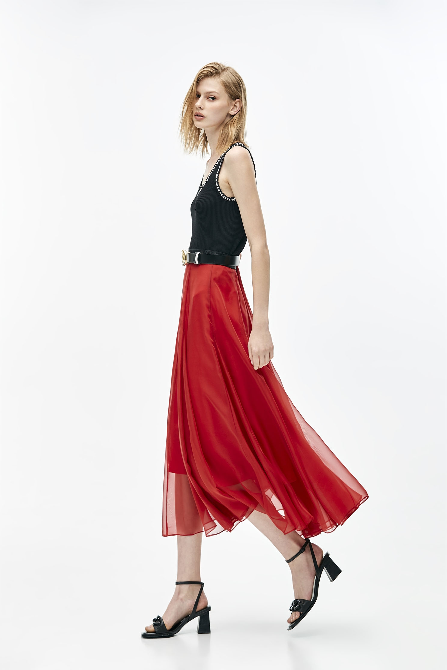 Red Chiffon Godet SkirtFlaming red chiffon long dress,Season (SS) Look,Midi skirts,Chiffon,Chiffon Midi skirts