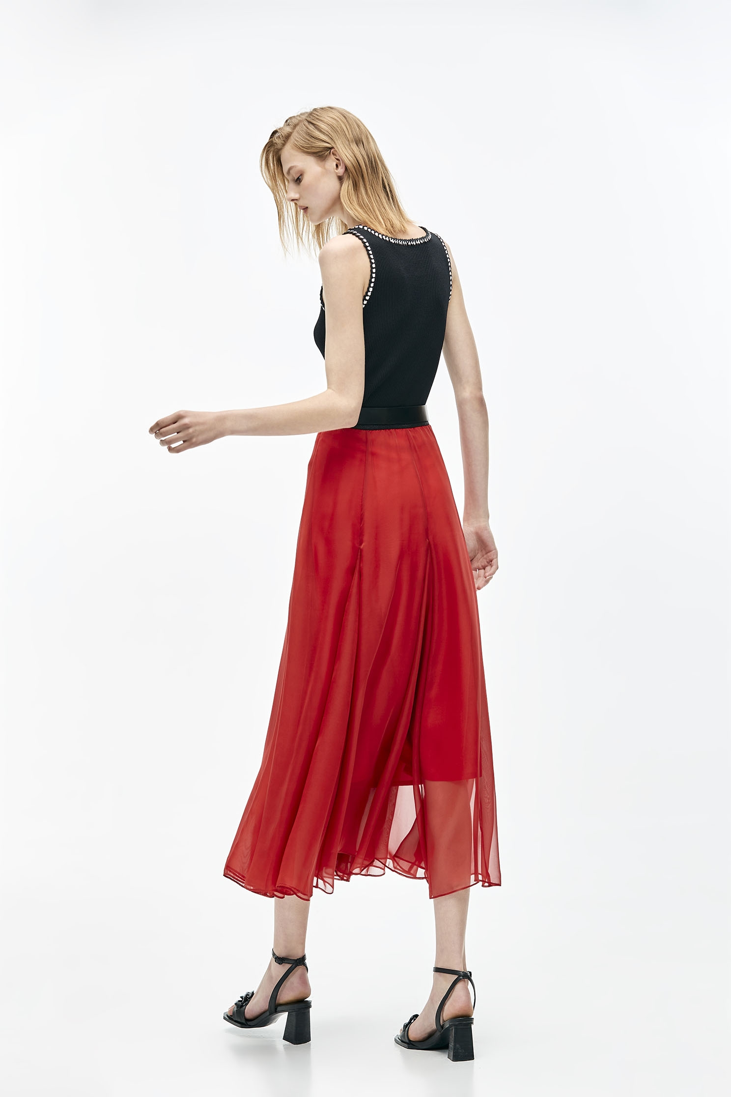 Red Chiffon Godet SkirtFlaming red chiffon long dress,Season (SS) Look,Midi skirts,Chiffon,Chiffon Midi skirts