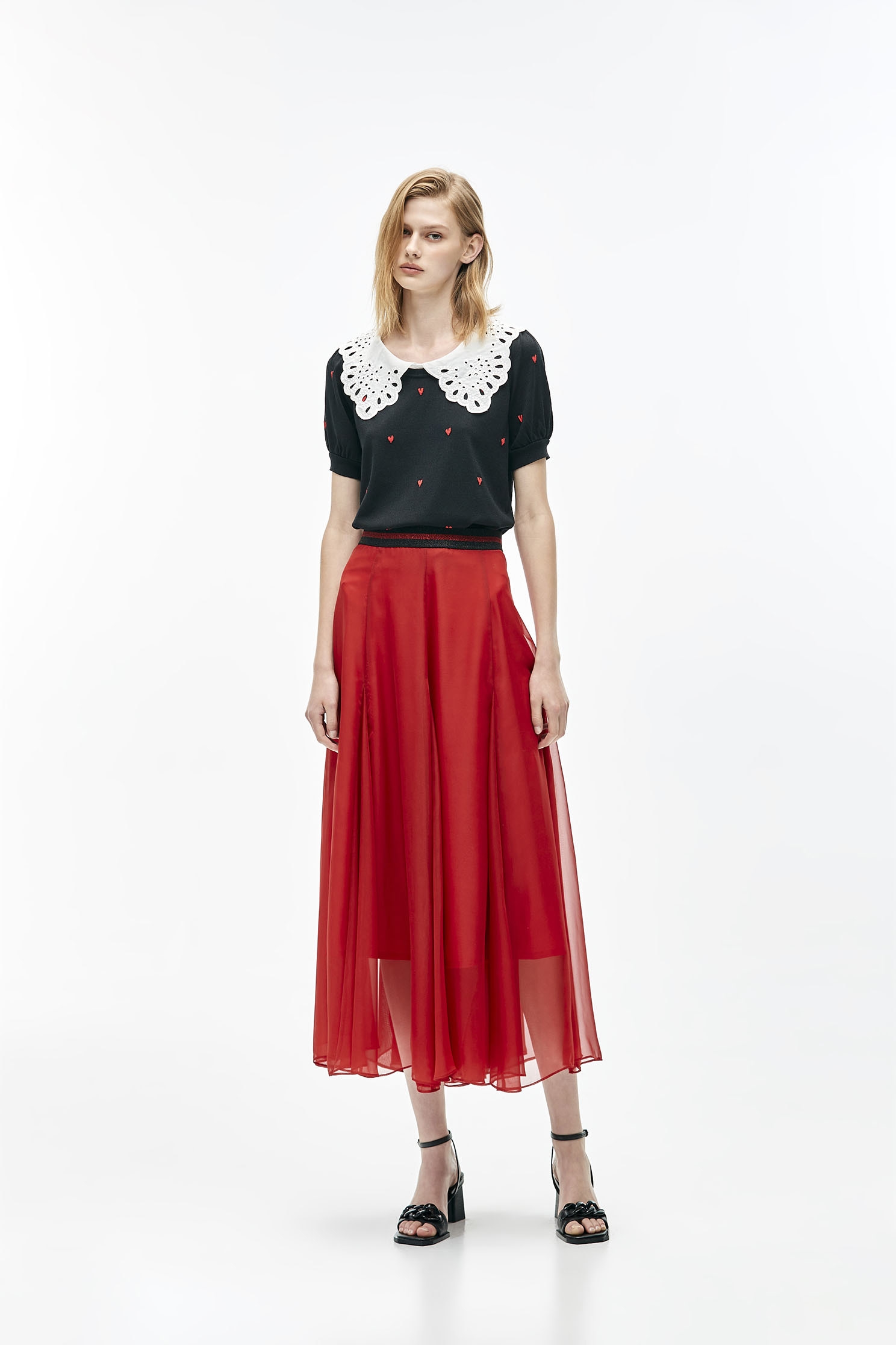 Red Chiffon Godet SkirtFlaming red chiffon long dress,Season (SS) Look,Midi skirts,Chiffon,Chiffon Midi skirts