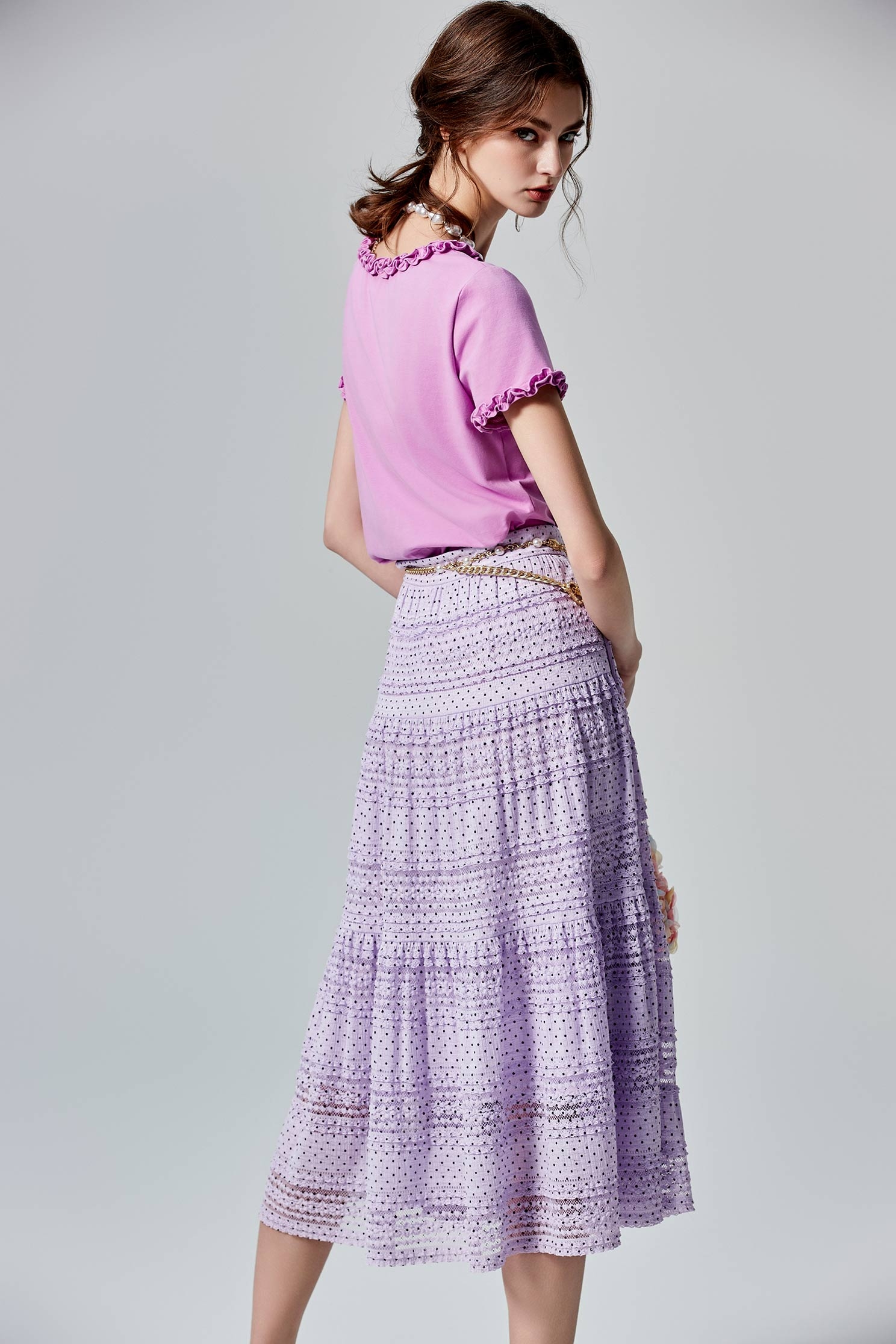 Polka Dot Ruffle Trim Detail SkirtPolka Dot Ruffle Trim Detail Skirt,Season (SS) Look,Tutu skirts,Lace,Midi skirts