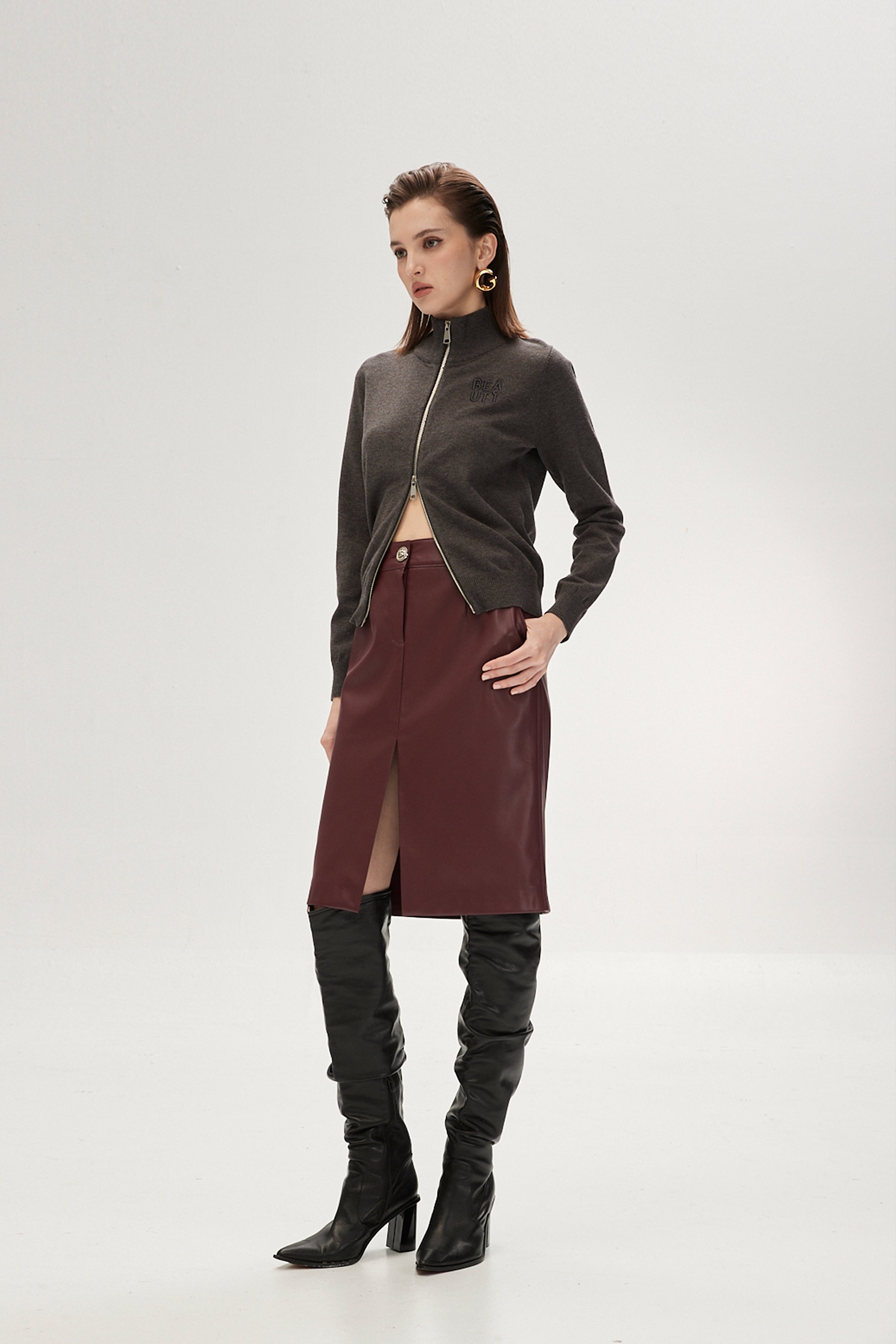 Wine Red PU Pencil SkirtWine Red PU Pencil Skirt,Season (SS) Look,Leather,Pencil skirts,Midi skirts