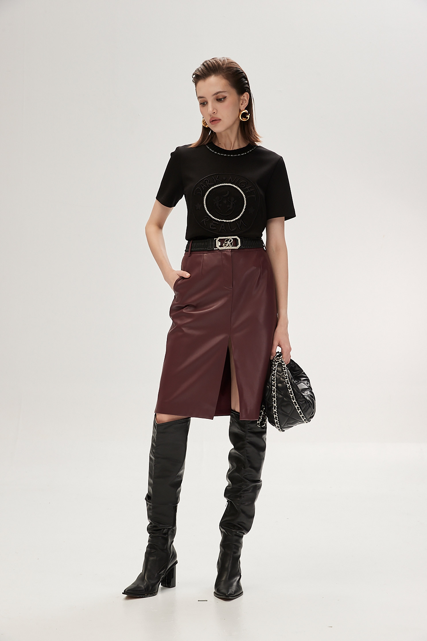 Wine Red PU Pencil SkirtWine Red PU Pencil Skirt,Season (SS) Look,Leather,Pencil skirts,Midi skirts