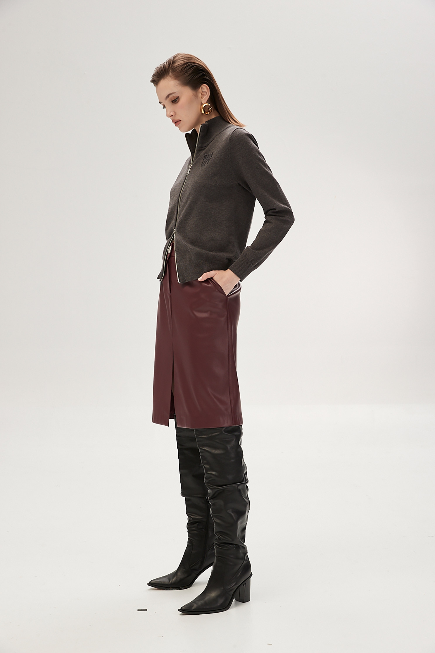 Wine Red PU Pencil SkirtWine Red PU Pencil Skirt,Season (SS) Look,Leather,Pencil skirts,Midi skirts