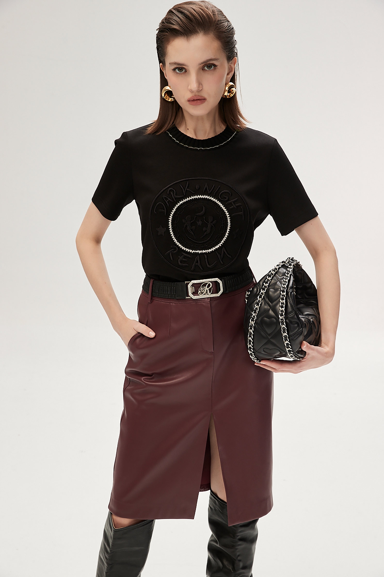 Wine Red PU Pencil SkirtWine Red PU Pencil Skirt,Season (SS) Look,Leather,Pencil skirts,Midi skirts