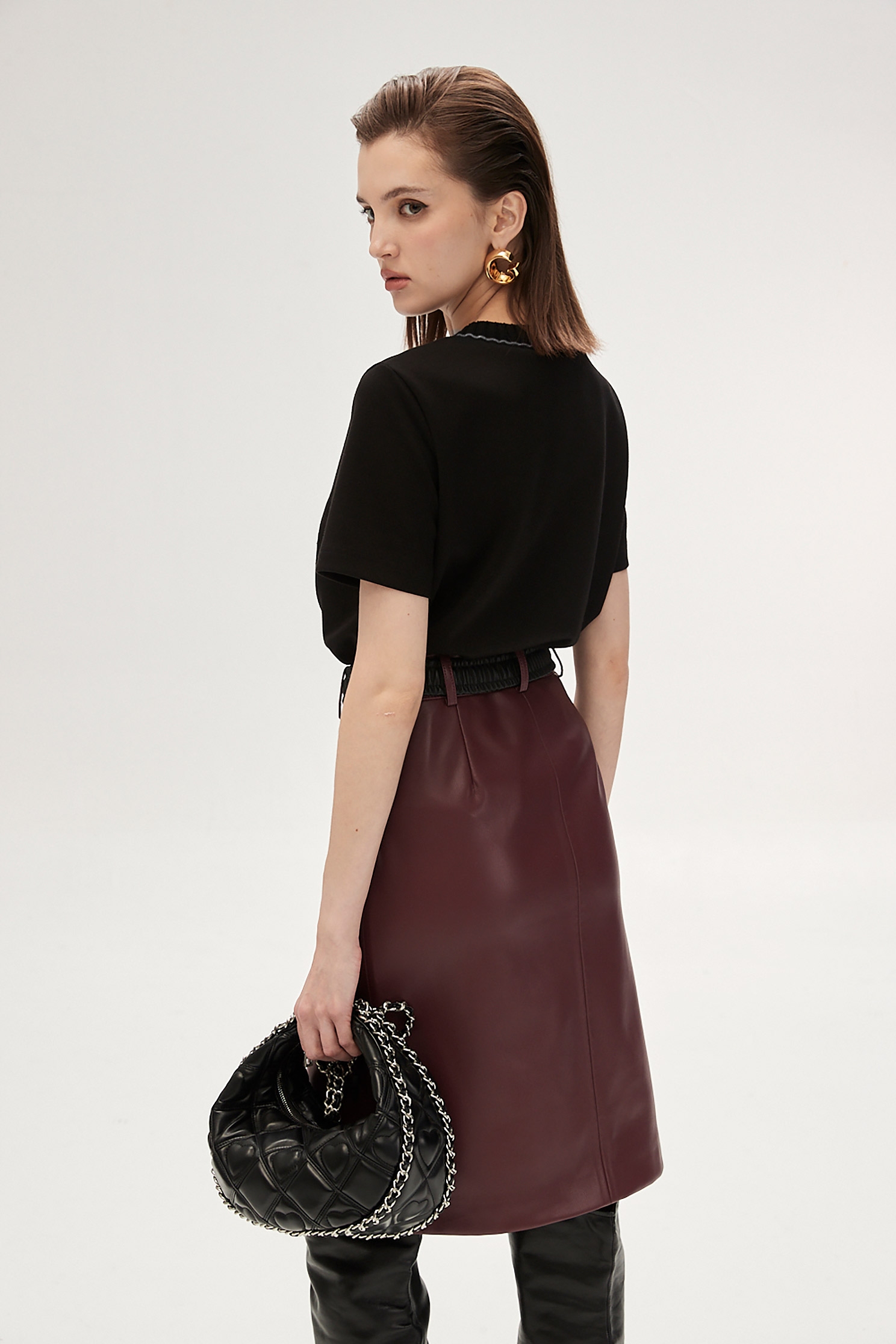 Wine Red PU Pencil SkirtWine Red PU Pencil Skirt,Season (SS) Look,Leather,Pencil skirts,Midi skirts