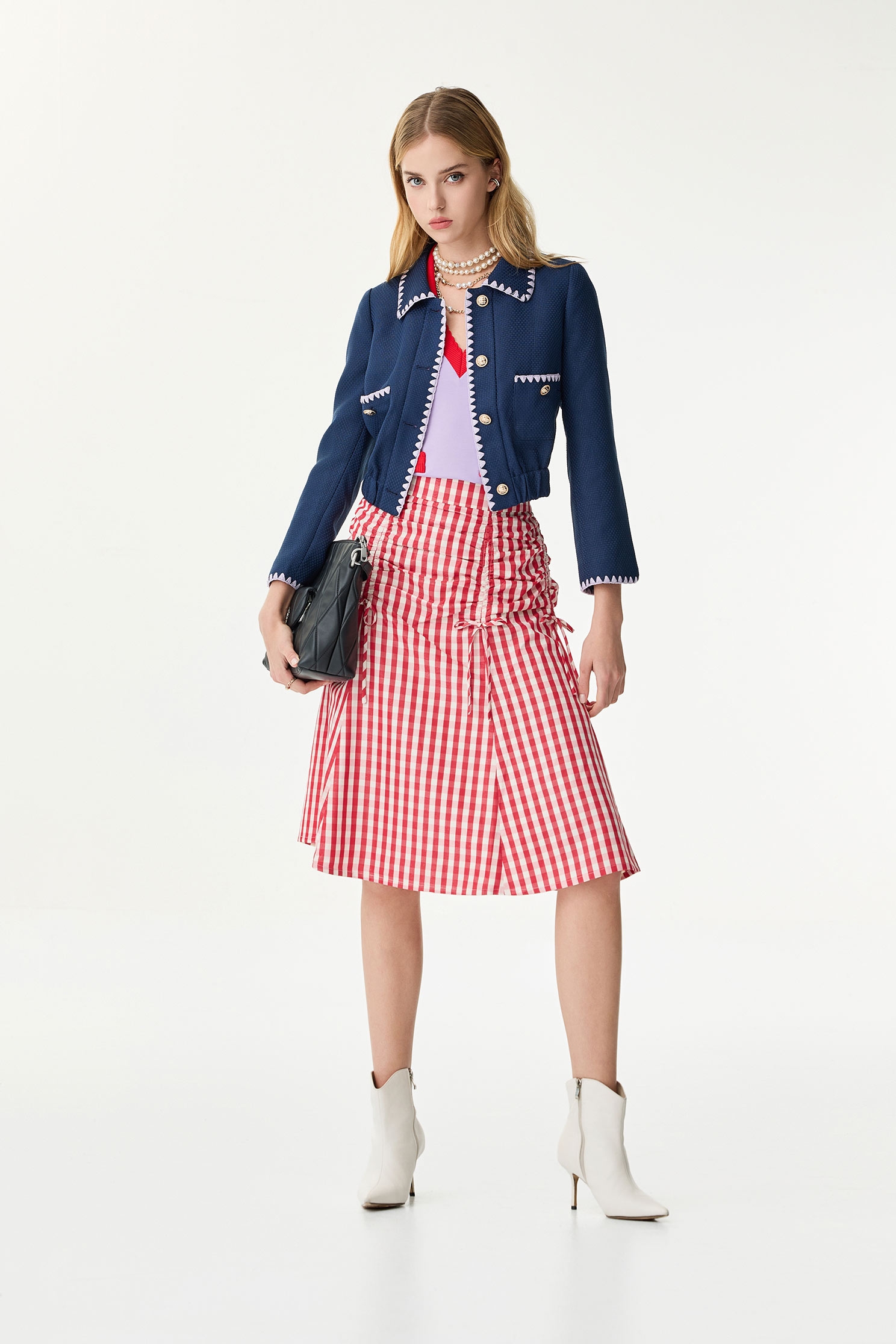 Red Plaid Shirring Detail SkirtRed Plaid Shirring Detail Skirt,Season (SS) Look,Plaid,Midi skirts