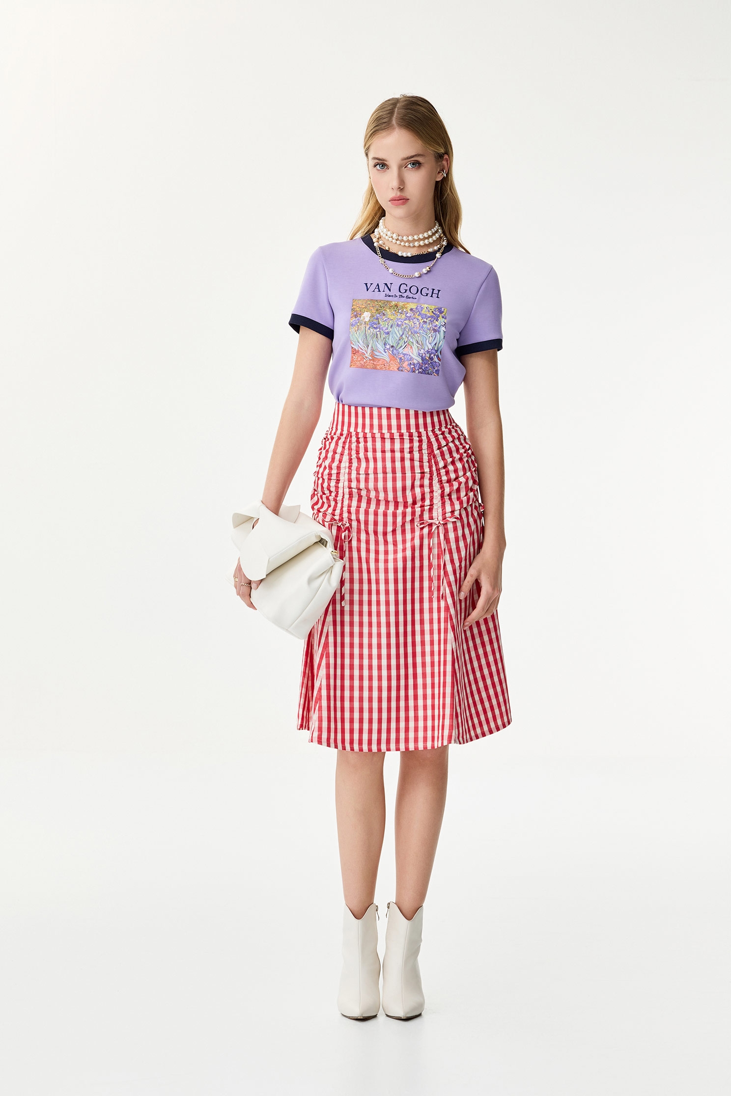 Red Plaid Shirring Detail SkirtRed Plaid Shirring Detail Skirt,Season (SS) Look,Plaid,Midi skirts