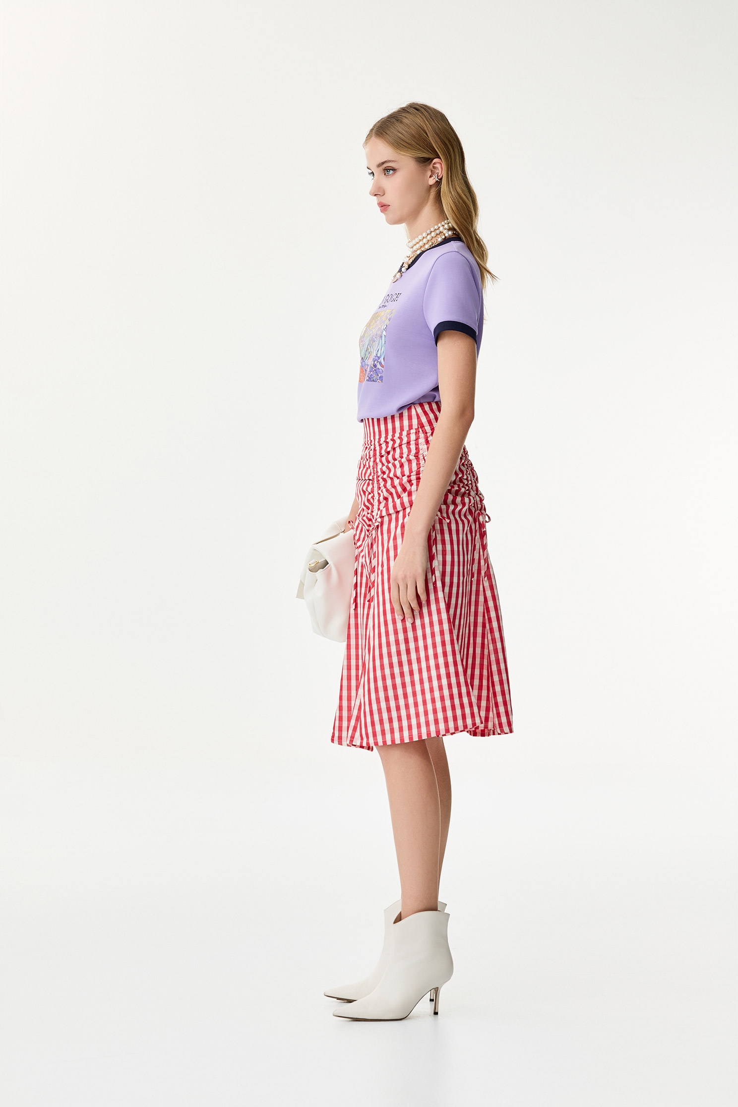 Red Plaid Shirring Detail SkirtRed Plaid Shirring Detail Skirt,Season (SS) Look,Plaid,Midi skirts