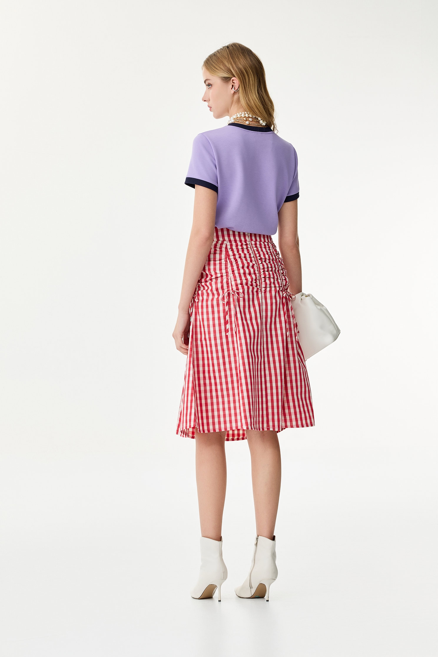 Red Plaid Shirring Detail SkirtRed Plaid Shirring Detail Skirt,Season (SS) Look,Plaid,Midi skirts