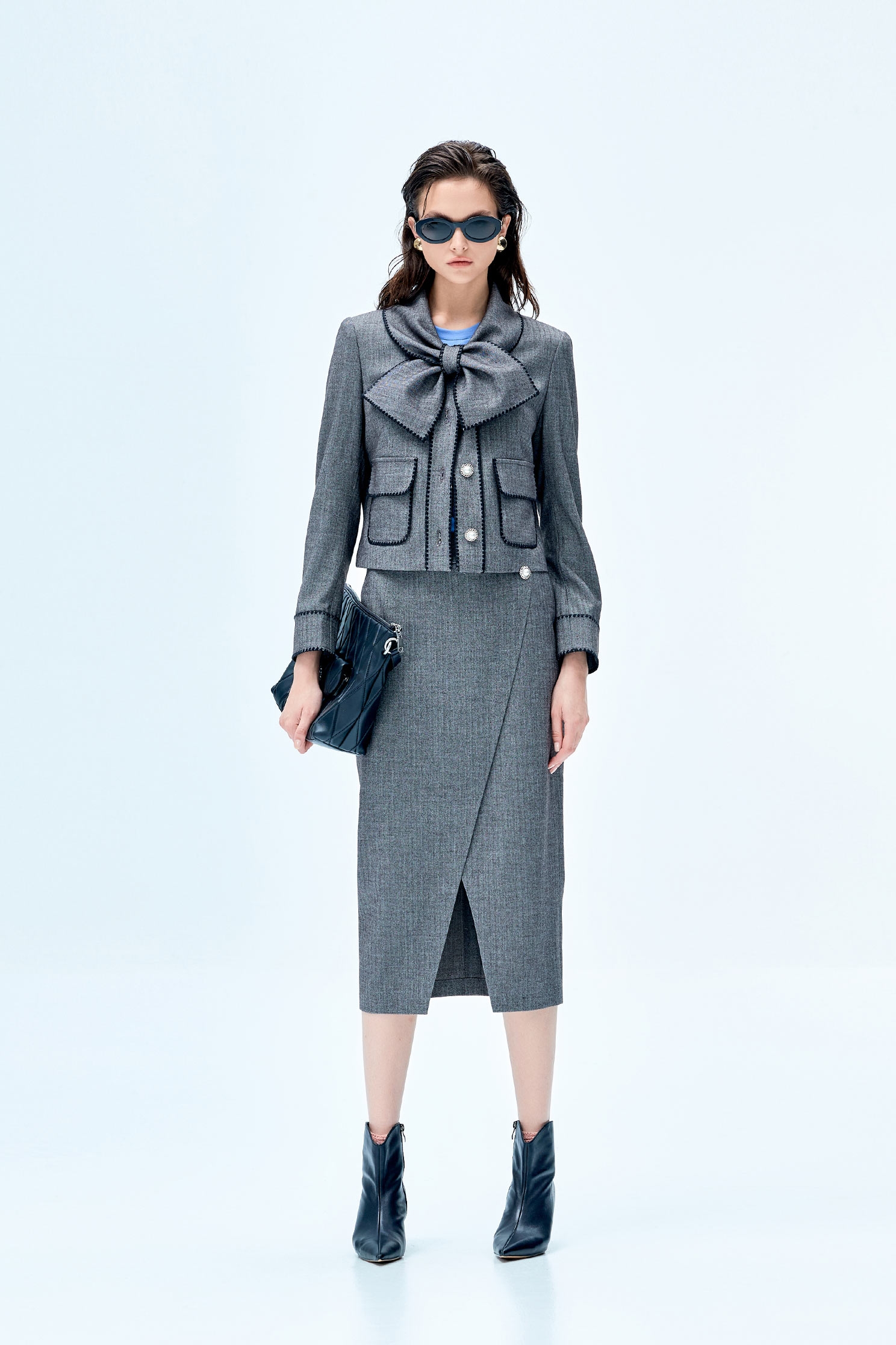 Grey Overlap Slit Pencil SkirtGrey Overlap Slit Pencil Skirt,Season (SS) Look,Pencil skirts,Midi skirts